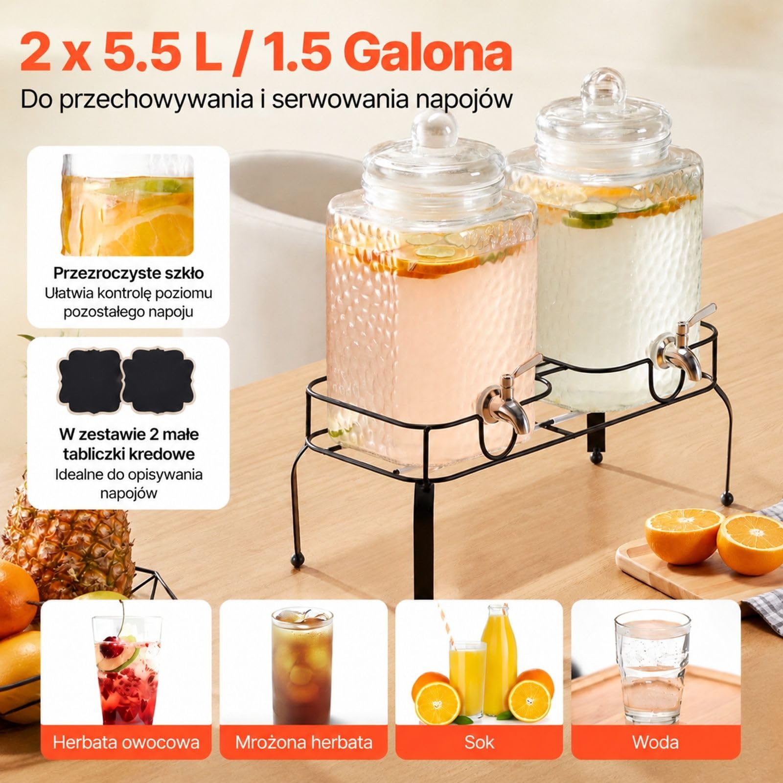 Dystrybutor napojów, 2 x 5,5 l szklane pojemniki z kranem, przezroczysty podwójny cylinder na metalowej podstawie do soku, lemoniady, imprez, barów i restauracji