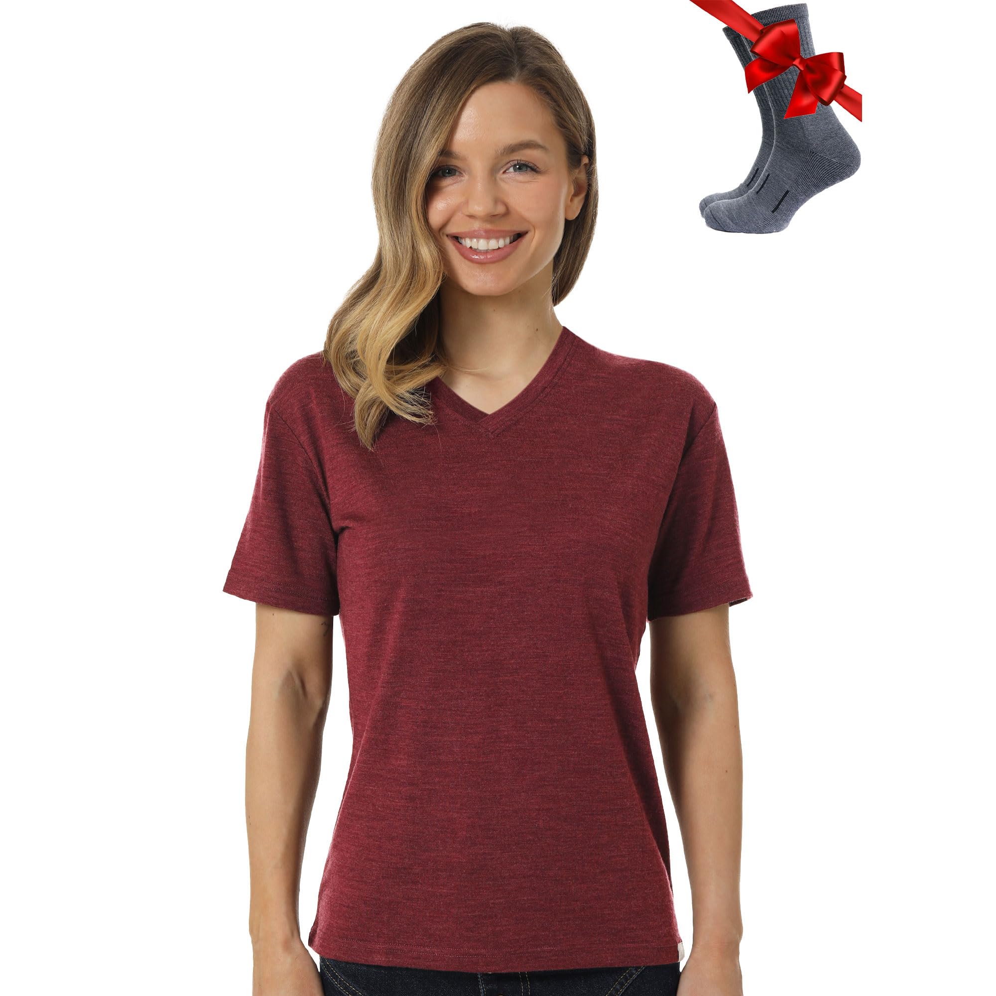 100% Merino Shirt Damen V-Ausschnitt - Merino Unterwäsche Damen - Sportshirt Wandershirt Schnell Trocknend, Atmungsaktiv, Anti Schweiss