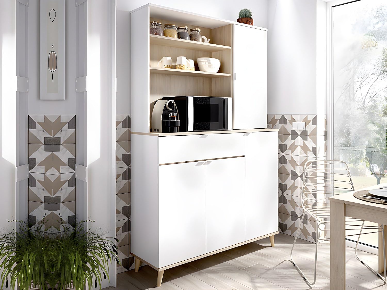 DEKIT GRUPO RIMOBEL WOK -MUEBLE AUXILIAR DE COCINA CON ALMACENAJE - 191x120x40 cm - BLANCO / NATURAL