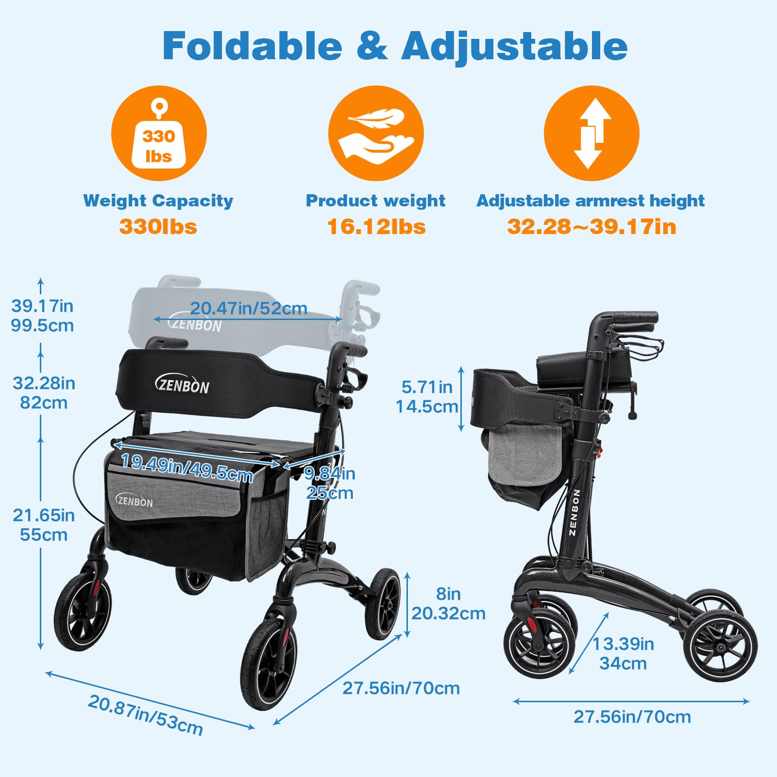 Andador para Ancianos con Asiento: Andador de Carbono Ligero y Plegable para Viajes en el Maletero - Andadores para Personas Mayores Ligeros y Delgados para el Hogar Interiores y Exteriores (Negro)