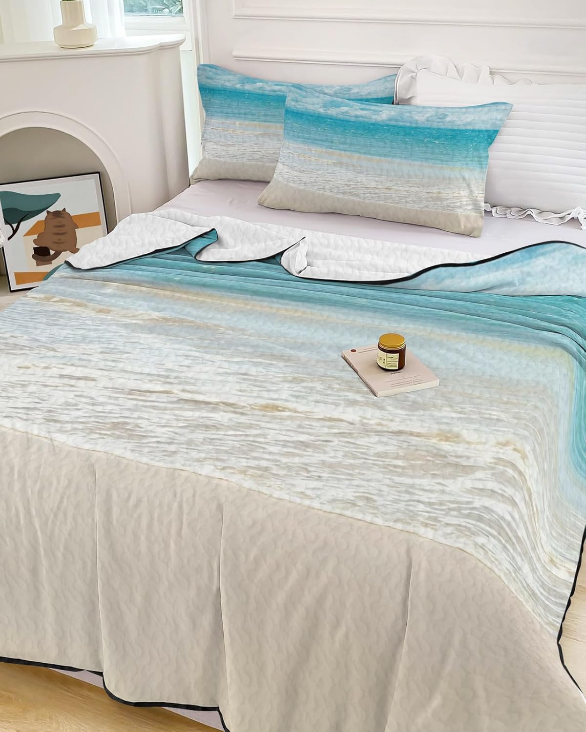 King Size Quilt Set, Summer Beach Blue Ocean Lightweight Bedspread Coverlet Set Soft Microfiber Summer Quilt with 2 Pillow Shams, White Clouds Gradient Waves 3 Piece Comforter Bedding Set