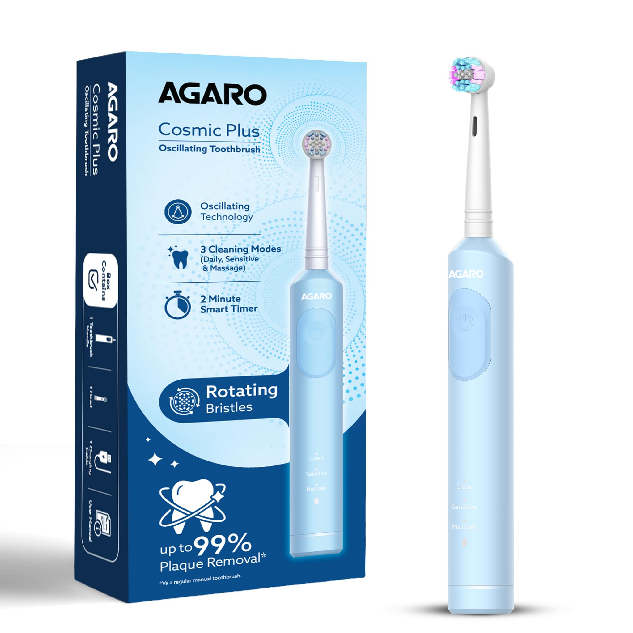 AGARO Cosmic Plus Oscillating Electric Toothbrush for Adults with Oscillating Technology, Brush Head Included, 3 Modes, 2-Min Smart Timer, USB Rechargeable (Up to 21 Days), IPX7 Waterproof, Blue-picture-12