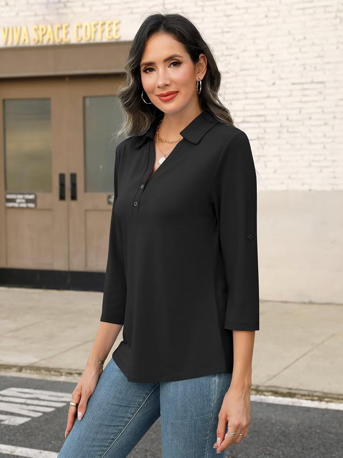 Women's 3/4 Length Rolled Sleeve Tunic Tops Collared V Neck T Shirts Summer Casual Blouses 2026 - Image 3