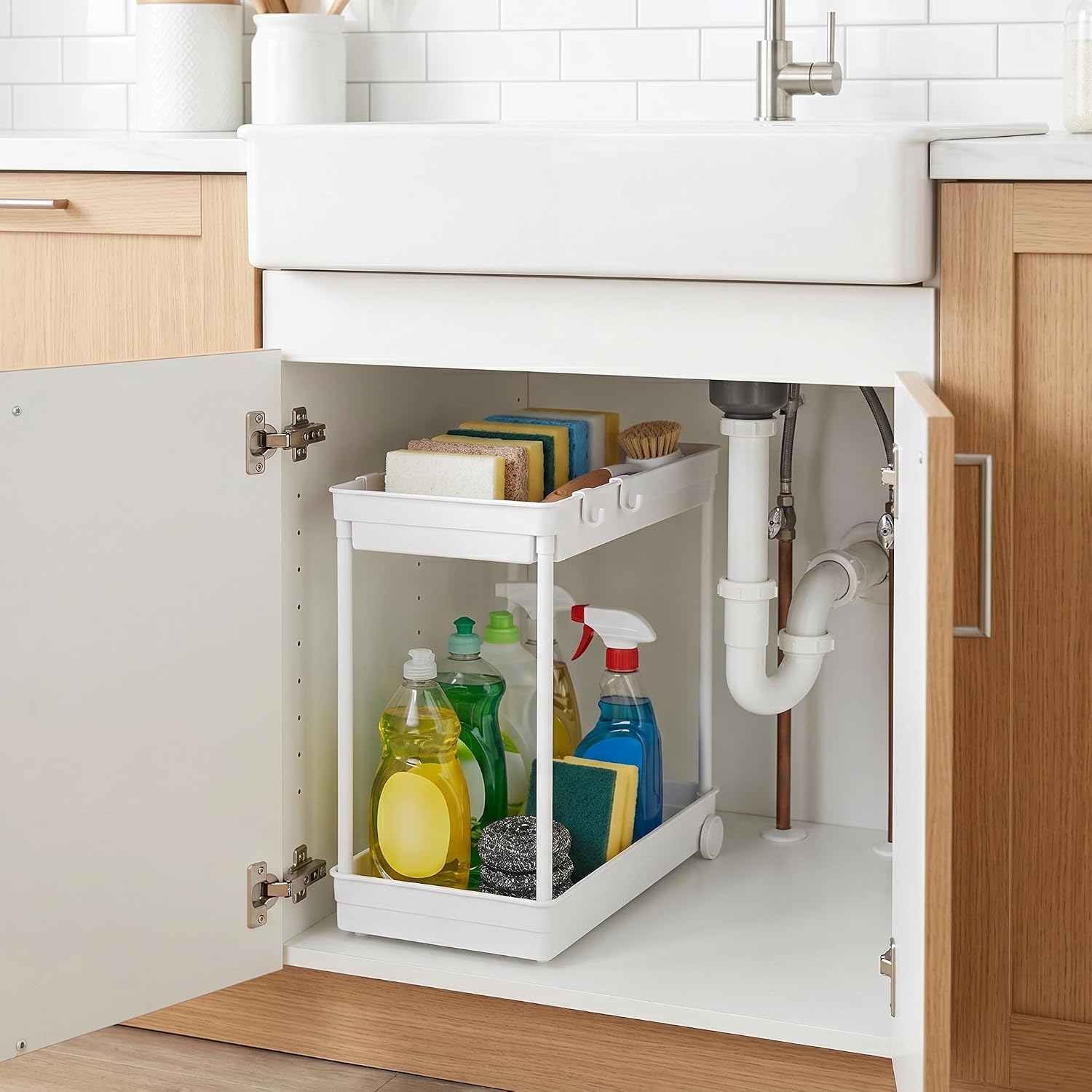 Organizer with Wheels, Versatile Storage Solution Sink Storage Rack with Hooks, Double Layer Stainless Steel and Plastic No Drilling Required for Kitchen and Laundry Room