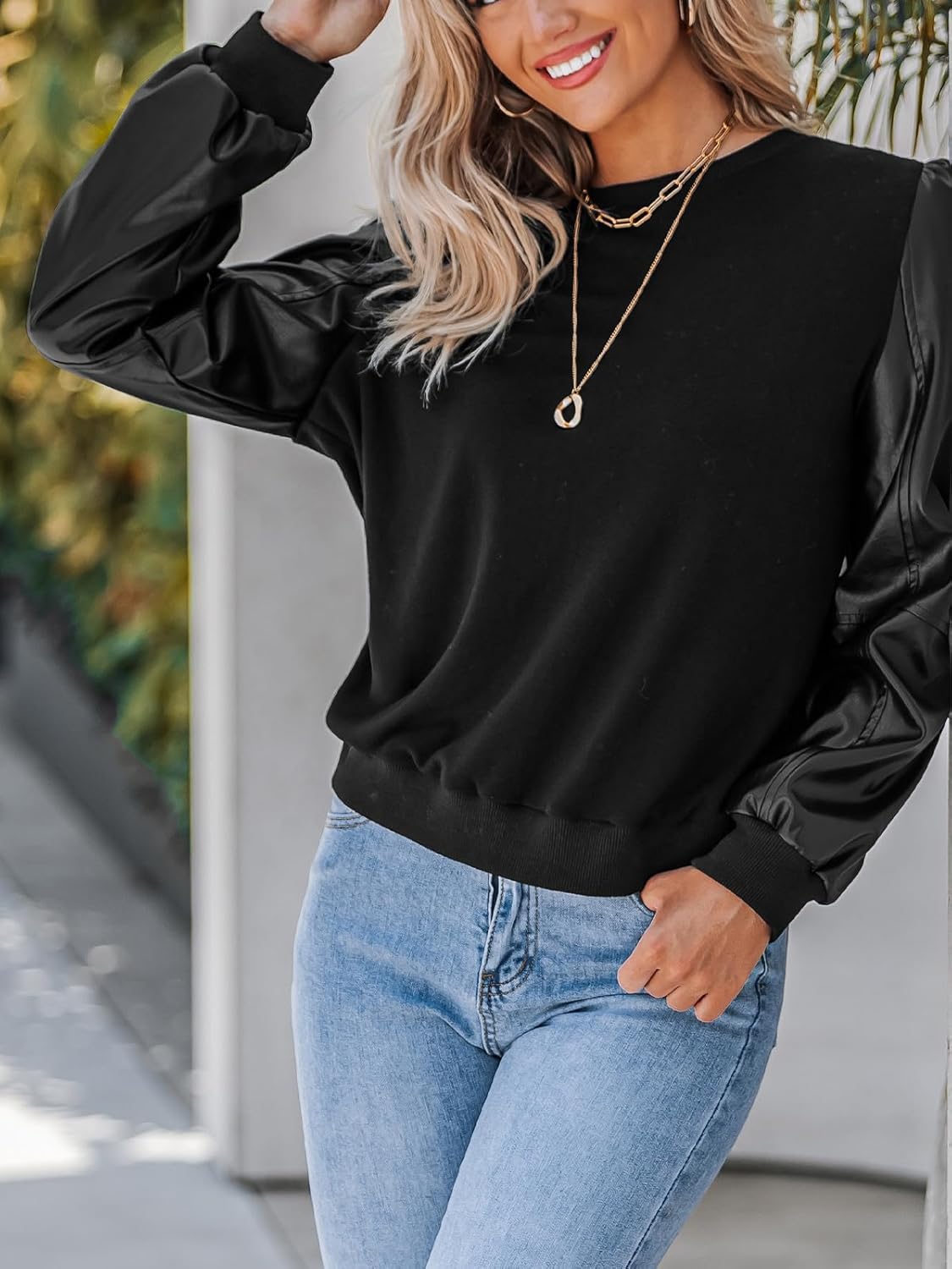 CUPSHE Faux Leather Tops for Women Long Sleeve Mock Neck Blouse Fall Fashion 2025 - Image 2