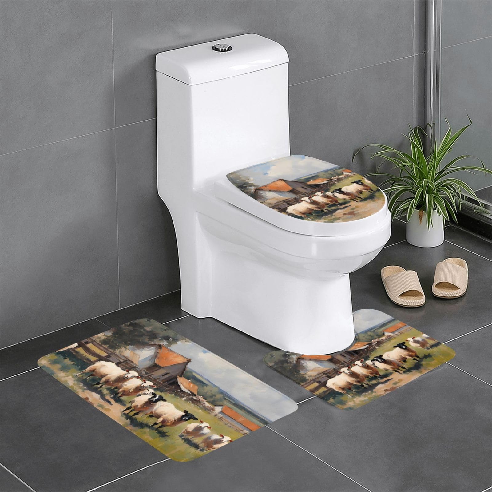 Tapis de bain antidérapants lot de 3 au motif animaux de la ferme pour salle de bain familiale