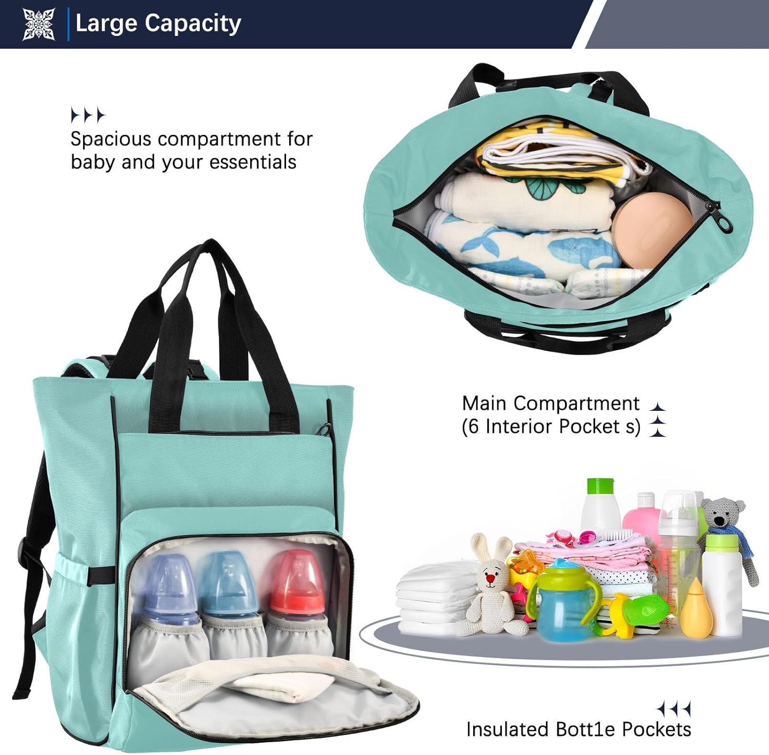 Teal Diaper Bag Backpack for Baby Boys Girls Baby Essentials Travel Tote with Stroller Straps & Bottle Storage Maternity Baby Changing Bags for Moms Dads Baby Shower Gifts Traveling Shopping Hiking