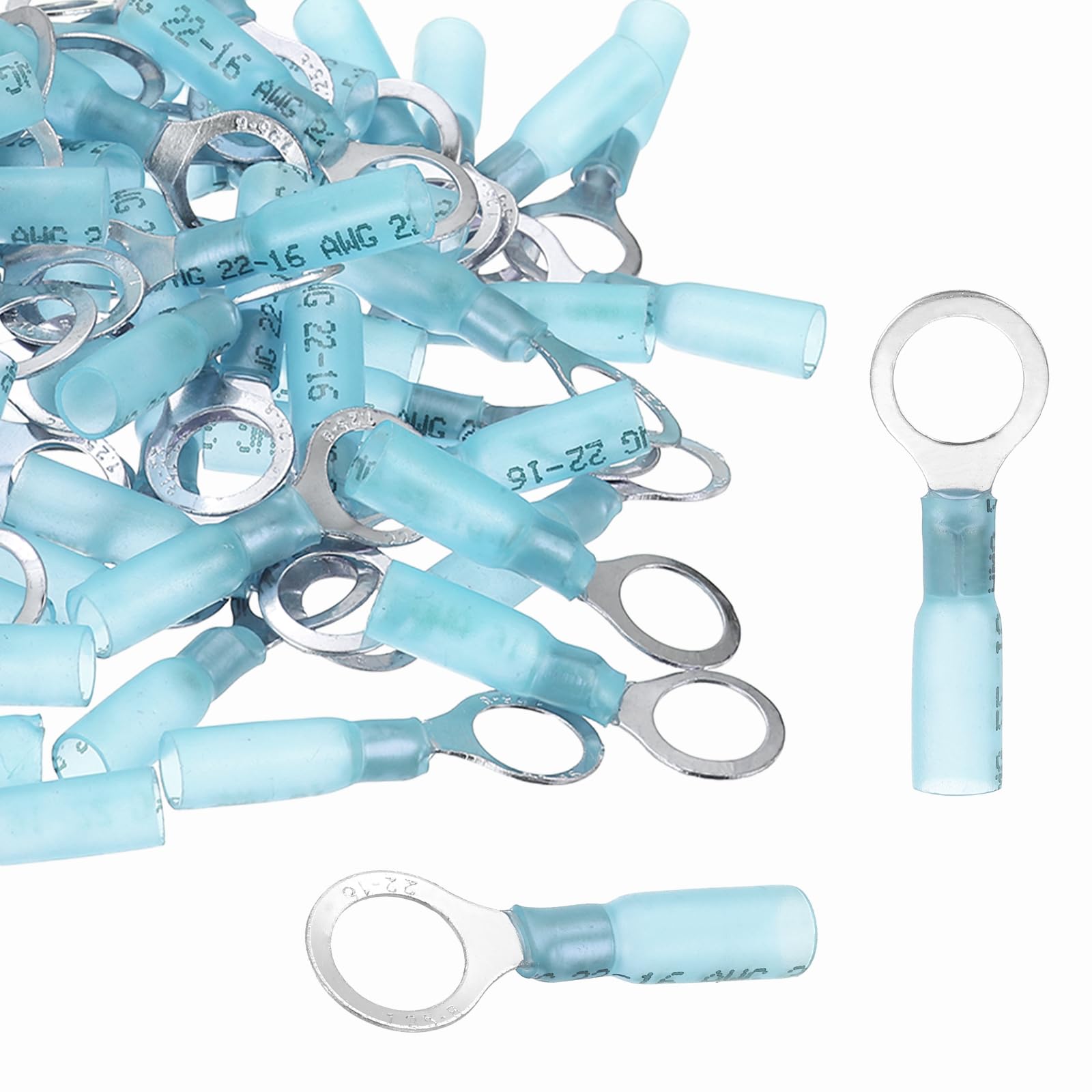 sourcing map 100pcs Heat Shrink Ring Connectors #5/16" Tinned Copper Insulated Ring Crimp Terminals 16-14 Gauge for Electrical Industrial Chemical Project, Blue