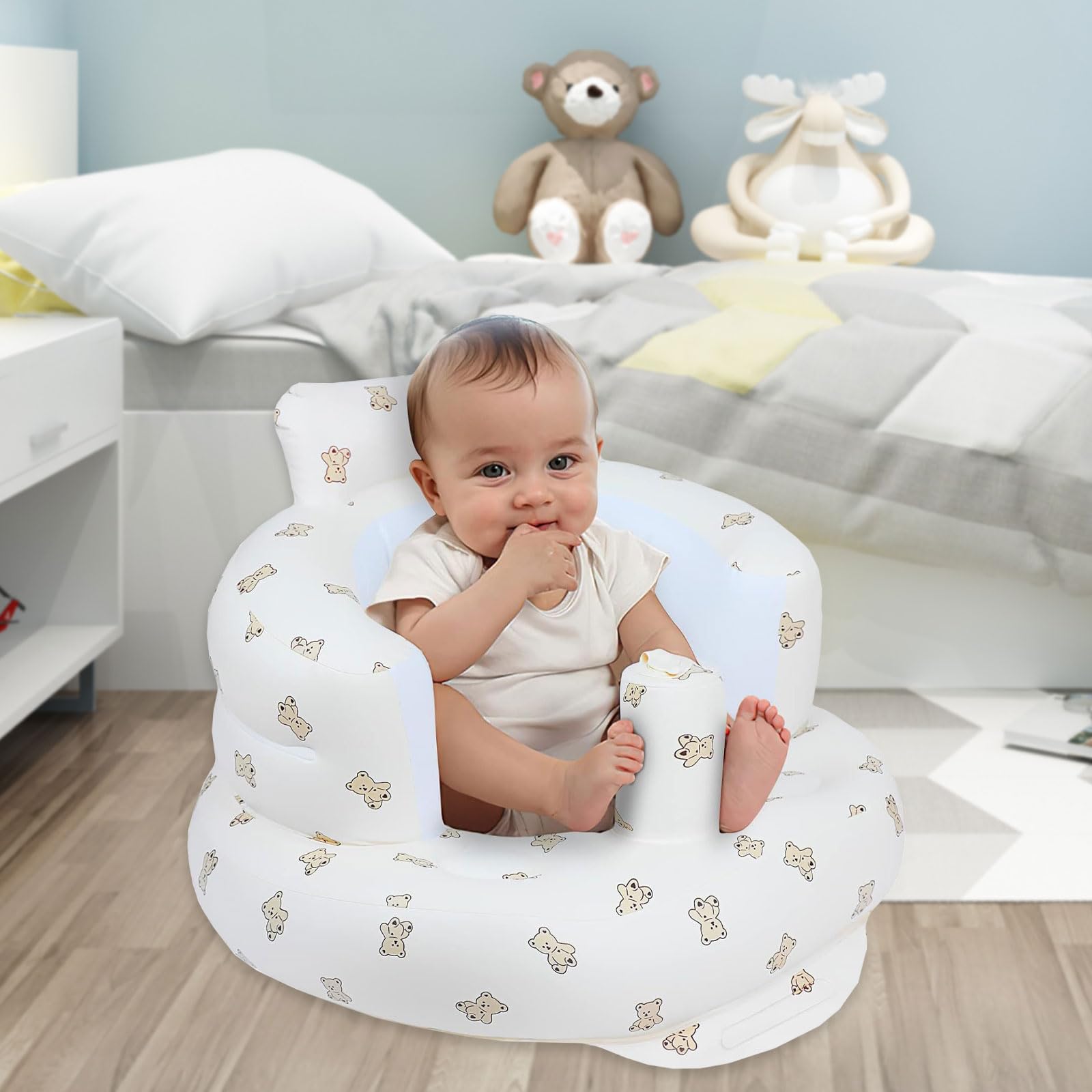 Seggiolino Gonfiabile Neonato, Seggiolino Gonfiabile per Bambini dai 3 Mesi in su, Seggiolino Ausiliario con Imbracatura, Seggiolino Gonfiabile con Pompa ad Aria Incorporata(Piccolo Orso)