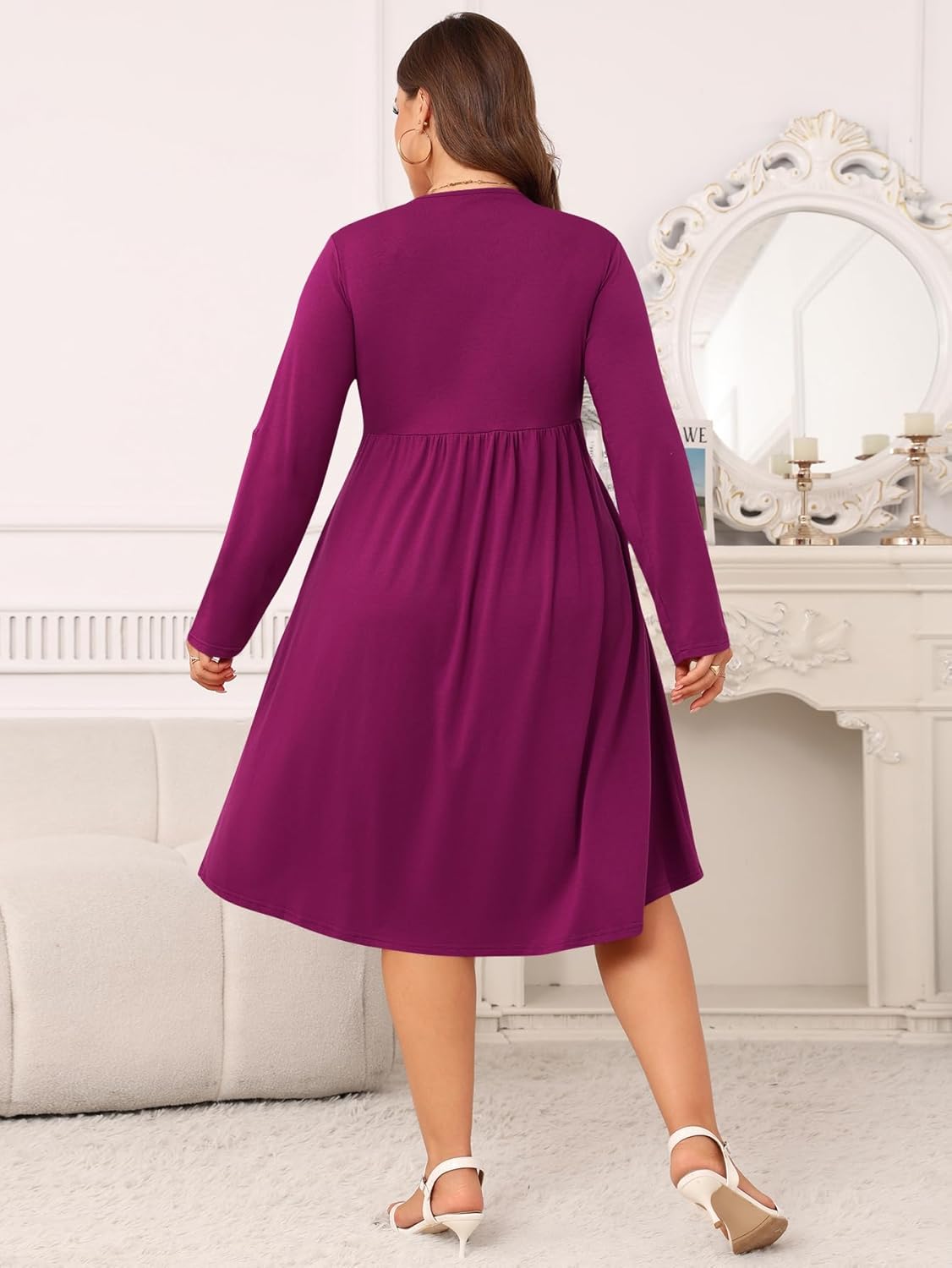 AMCLOS Womens Plus Size Dress V-Neck Elegant Cable Twist Crossover Flowy with 2 Pockets Roll up 3/4 Sleeve Casual Church Maxi Dresses(Rose Red,4XL) - Image 4