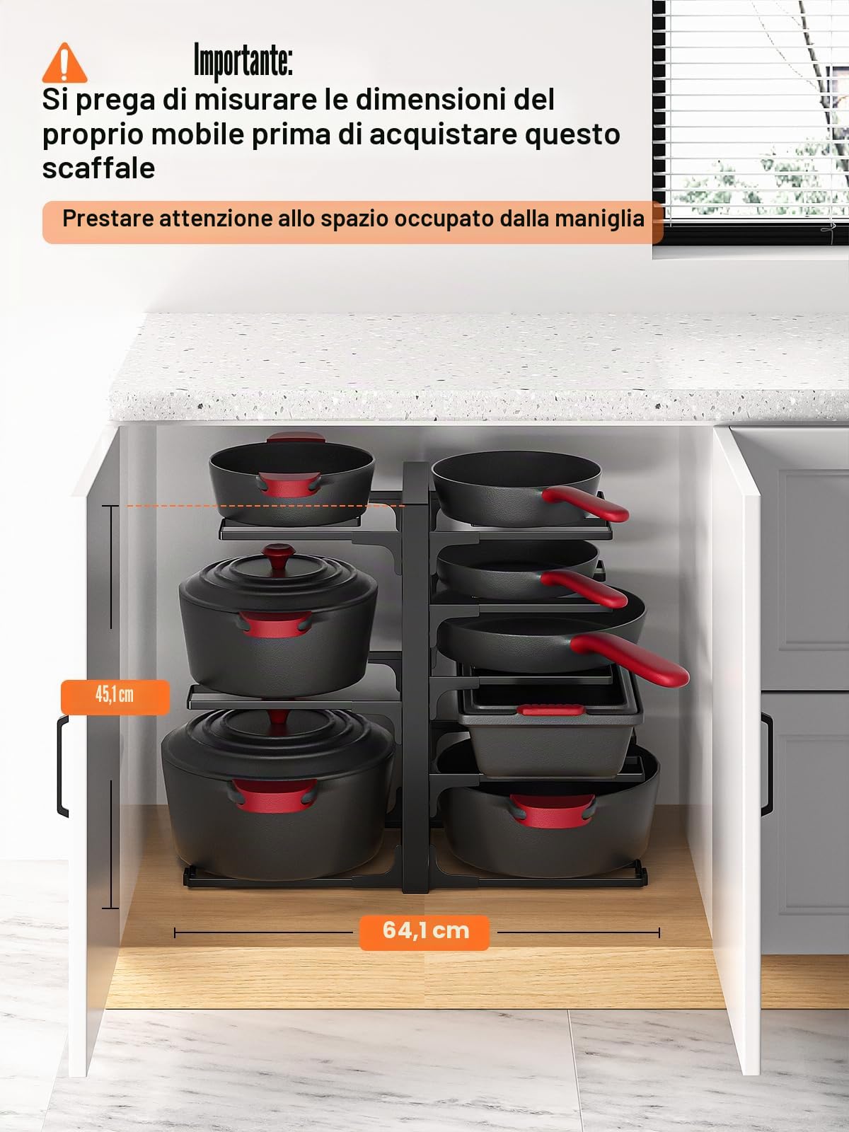 MUDEELA Organizzatore di Pentole e Padelle per Mobile, Porta Pentole Regolabile a 8 Livelli, Porta Padelle Salvaspazio, Ideale per Organizzare e Riporre Pentole e Padelle in Cucina