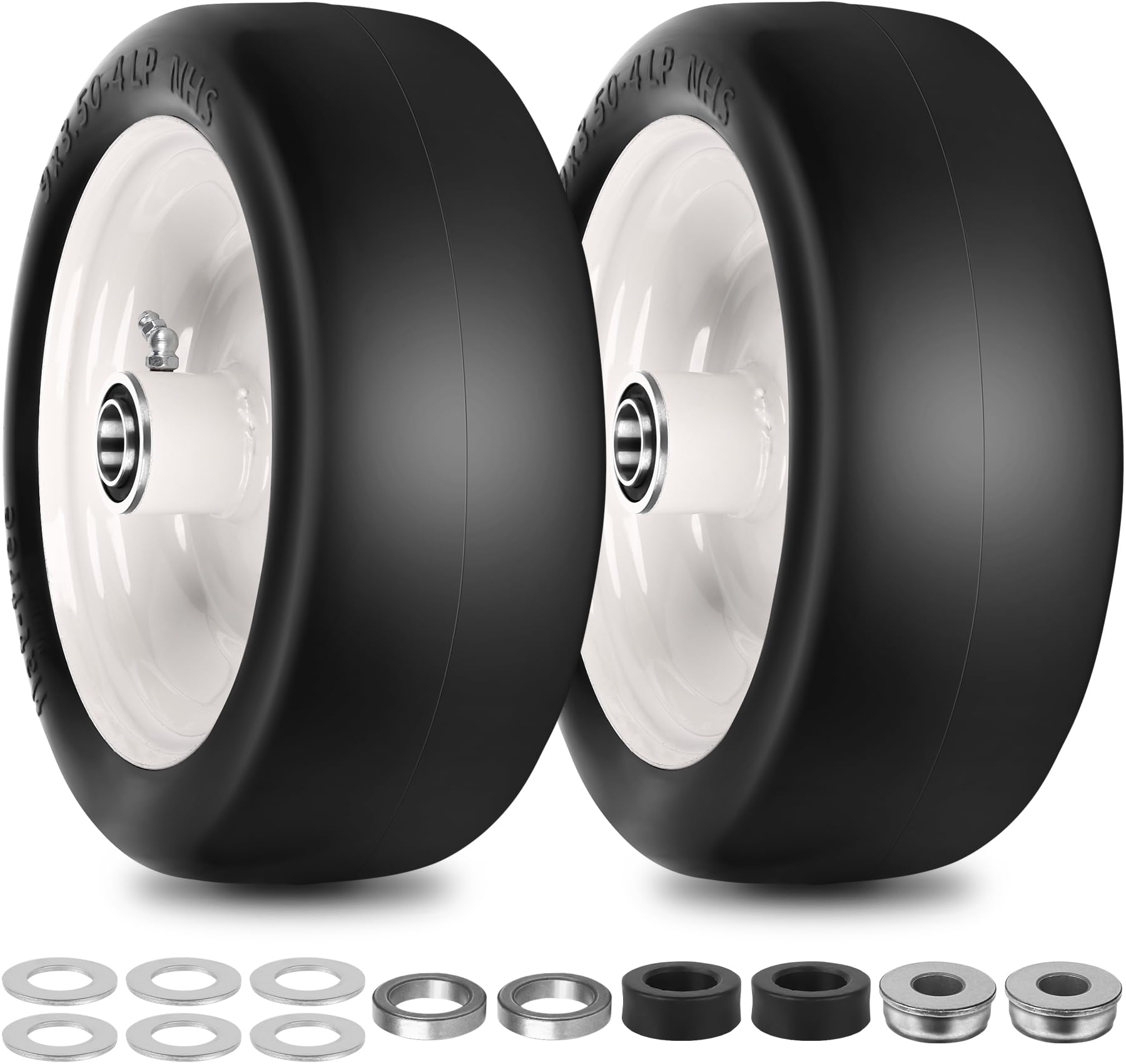 9x3.50-4 Flat Free Lawn Mower Tires and Wheels 3/4" 5/8" Bearings, 9x3.5x4 Zero Turn Mower Front Tires, Smooth Tires for Commercial Grade Lawn 3.5"-4.5" Adjustable Centered Hub