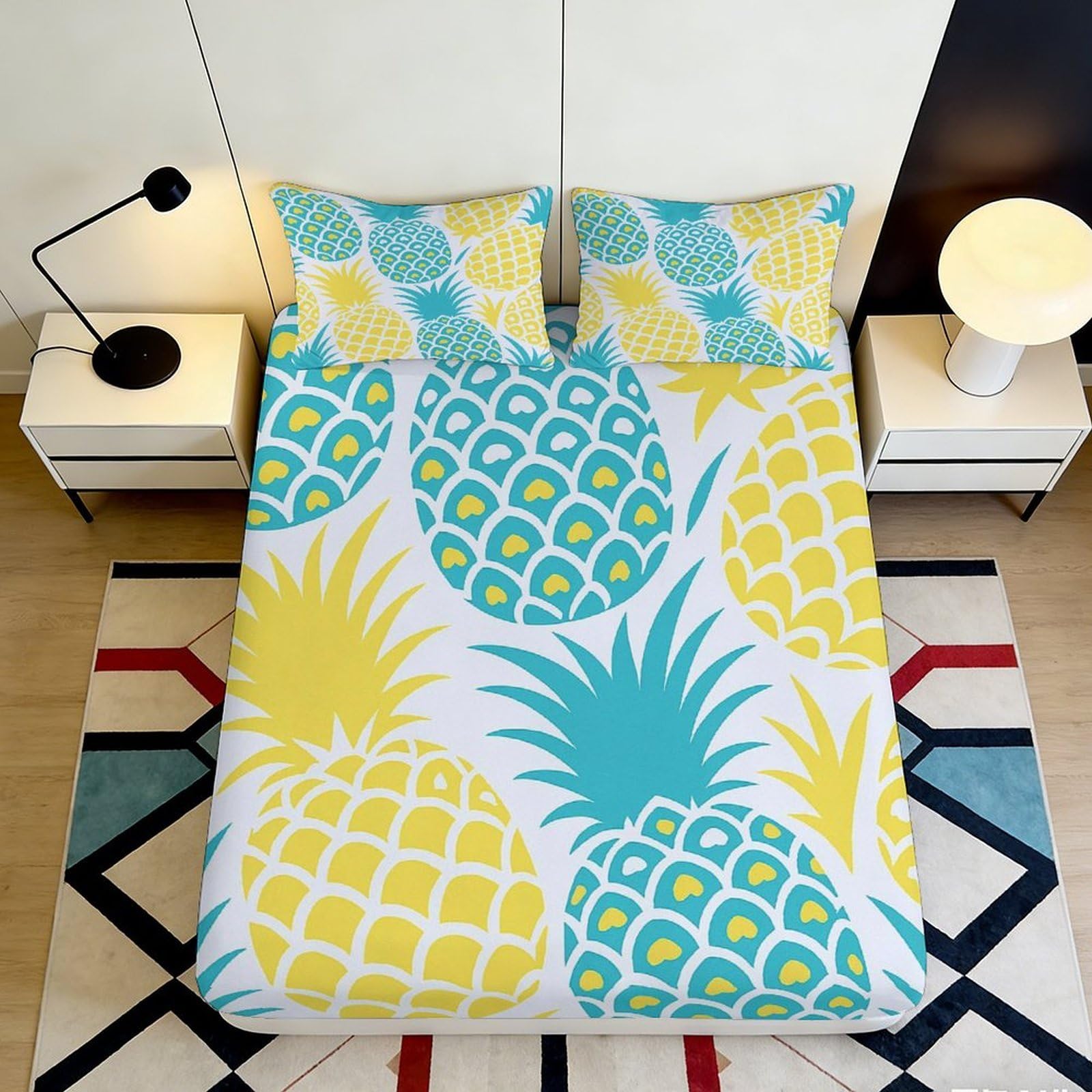 3D Printed Yellow Pineapple Fitted Sheet Microfiber Soft Blue Tropical Fruit Bed Cover for Bedroom Guest Room 90x200x25cm