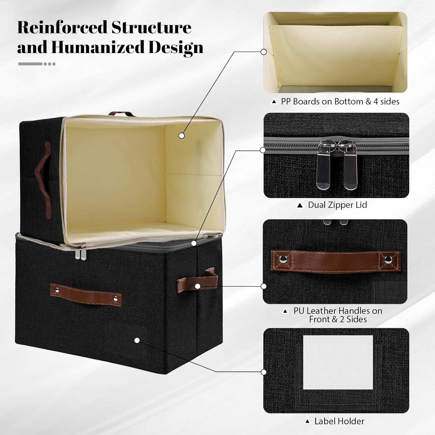 ANMINY 3PCS Storage Bins with Zipper Lid Storage Boxes with Label Holder PU Leather Handles Washable Foldable Decorative Lidded Cotton Linen Fabric Cubes Baskets Closet Organizer - Black, Large