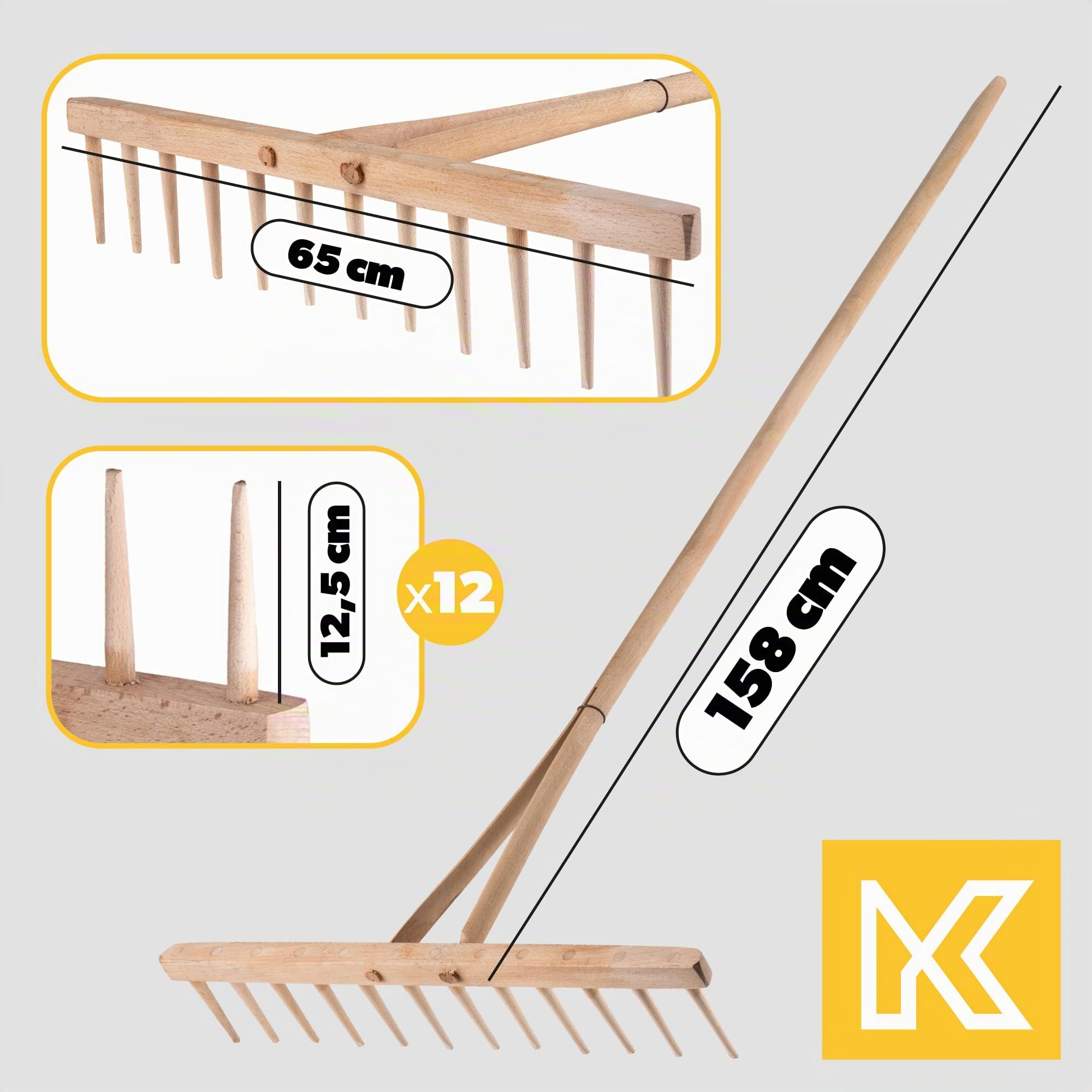 KADAX Râteau à Foin avec Manche en Bois Long pour Une Récolte Efficace et Confortable, Râteau à Feuilles de Jardin, Outil de Jardinage (Bois)