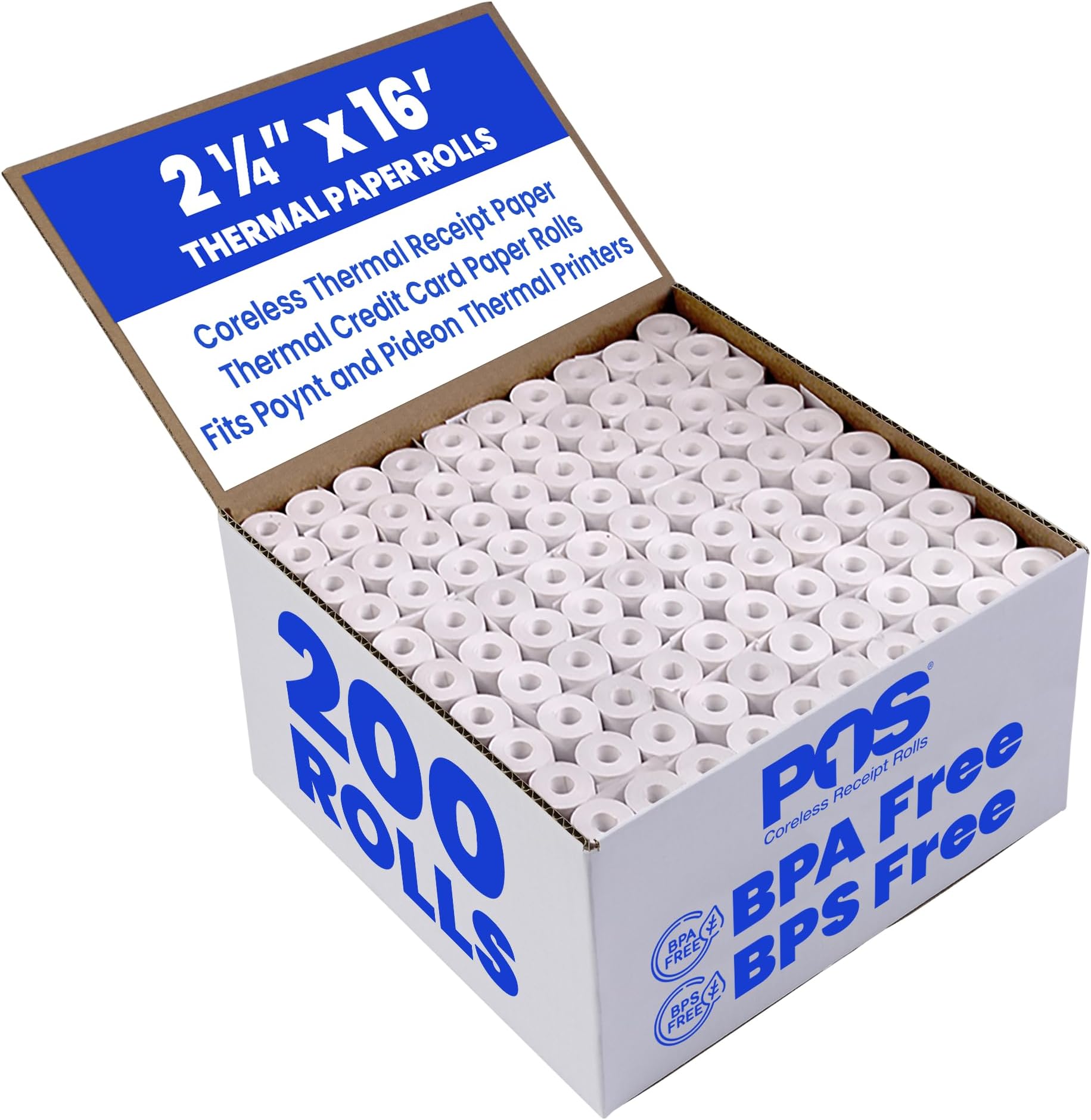 2 1/4 x 16 feet x 200 rolls CORELESS BPA Free Thermal Paper Rolls for Poynt and Pidion Thermal Receipt Printers. 18mm diameter