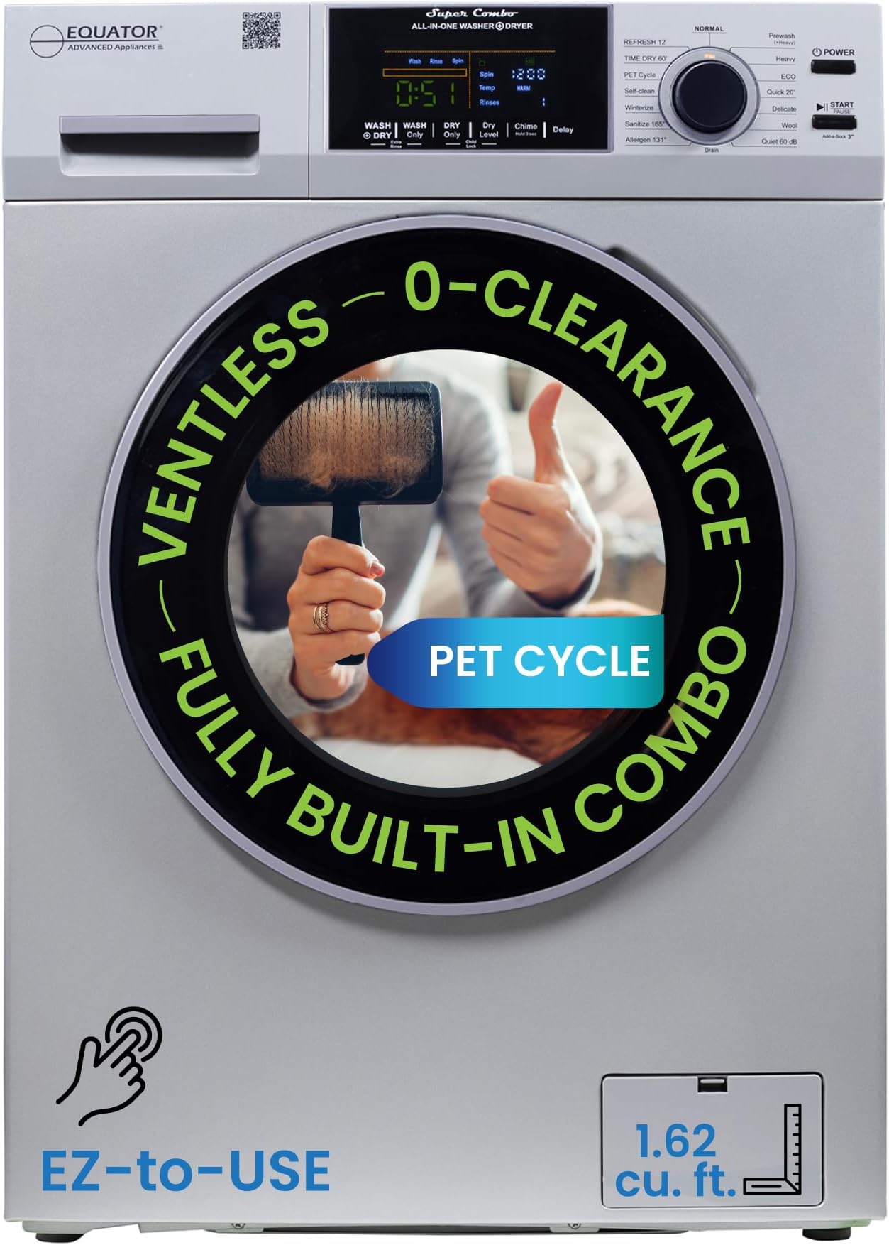 Equator All-in-one 4700 Washer Dryer Ventless FULLY BUILTIN 0-CLEARANCE 1.62cf/15lbs 110V 1400RPM in Silver