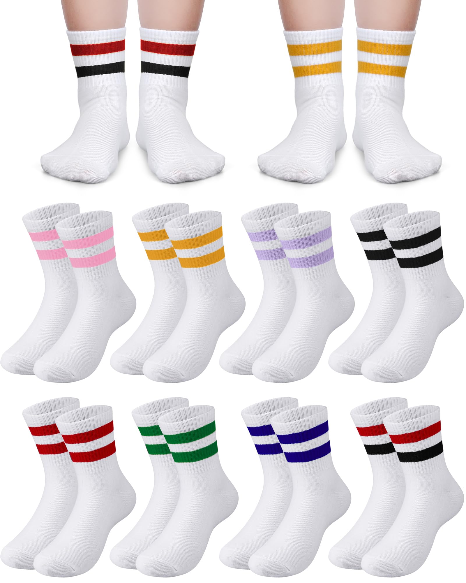 8 Pairs Kids Stripe Socks Cotton Crew Socks Colorful Retro Stripe Athletic Hosiery for School Kids