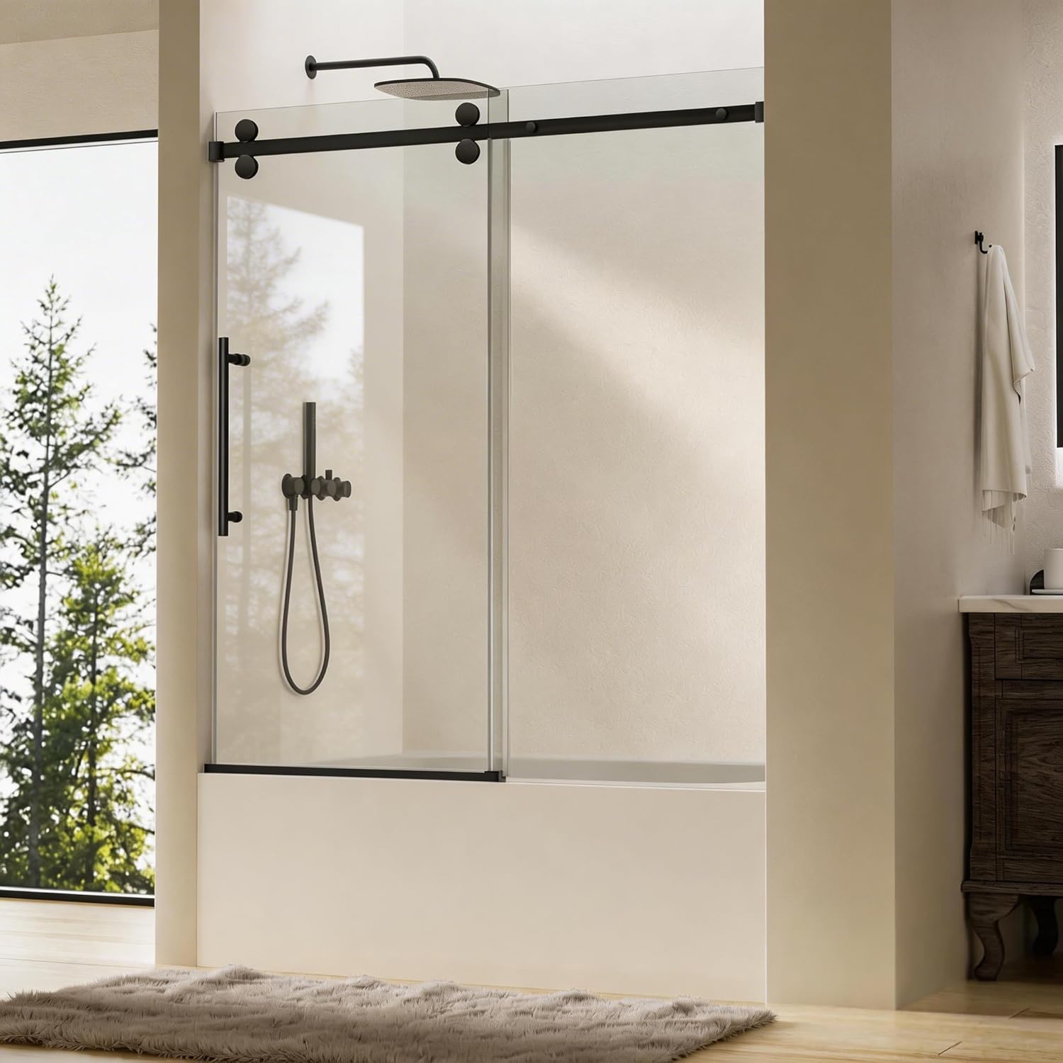 Frameless Bathtub Shower Door, 56-60" W x 60" H Sliding Tub Shower Door for Bathtub, 5/16" (8mm) SGCC Tempered Glass with Anti-slam System & 304 Stainless Steel Hardware (Matte Black)