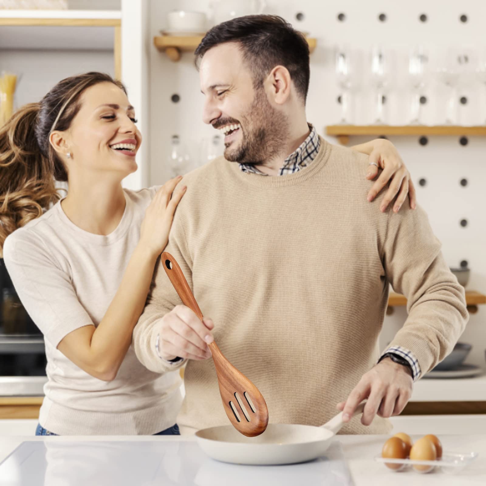 9 cucharas de madera para utensilios de cocina con soporte para utensilios, juego de utensilios de cocina de madera de teca, espátula plana de madera, cucharas de mezcla de cocina, cuchara de