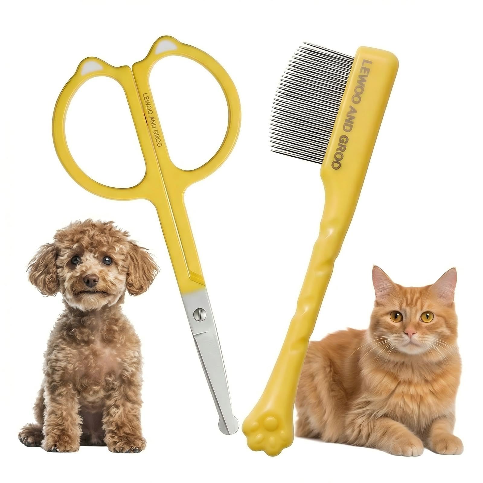 Pet Face Grooming Kit - Curved Tear Stain Comb with Fine Teeth & Round-Tip Safety Scissors - Professional Cat Ear Design Facial Hair Trimmer for Dogs & Cats -Precision Eye Area Cleaning & Trimming Set