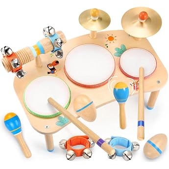 WINGYZ Musical Instruments from 1 Year Old 11-in-1 Baby Wooden Drum Kit Montessori Musical Toy with Drum Cymbals & Rattles Ideal 1st Birthday Gift for Boys and Girls