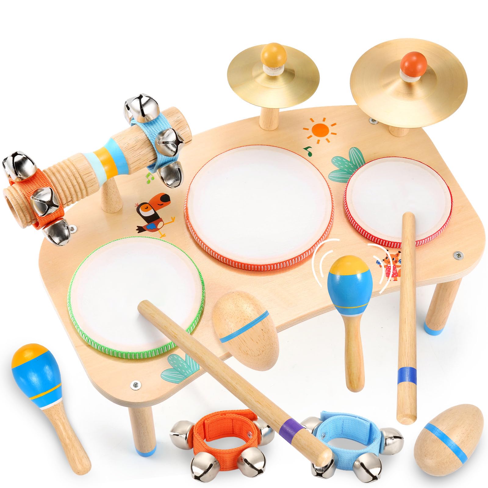 WINGYZ Strumenti musicali a partire da 1 anno, batteria per bambini 11 in 1 in legno | Montessori - Giocattolo musicale con tamburo, piatti e sonagli, regalo ideale per il primo compleanno per ragazzi e ragazze