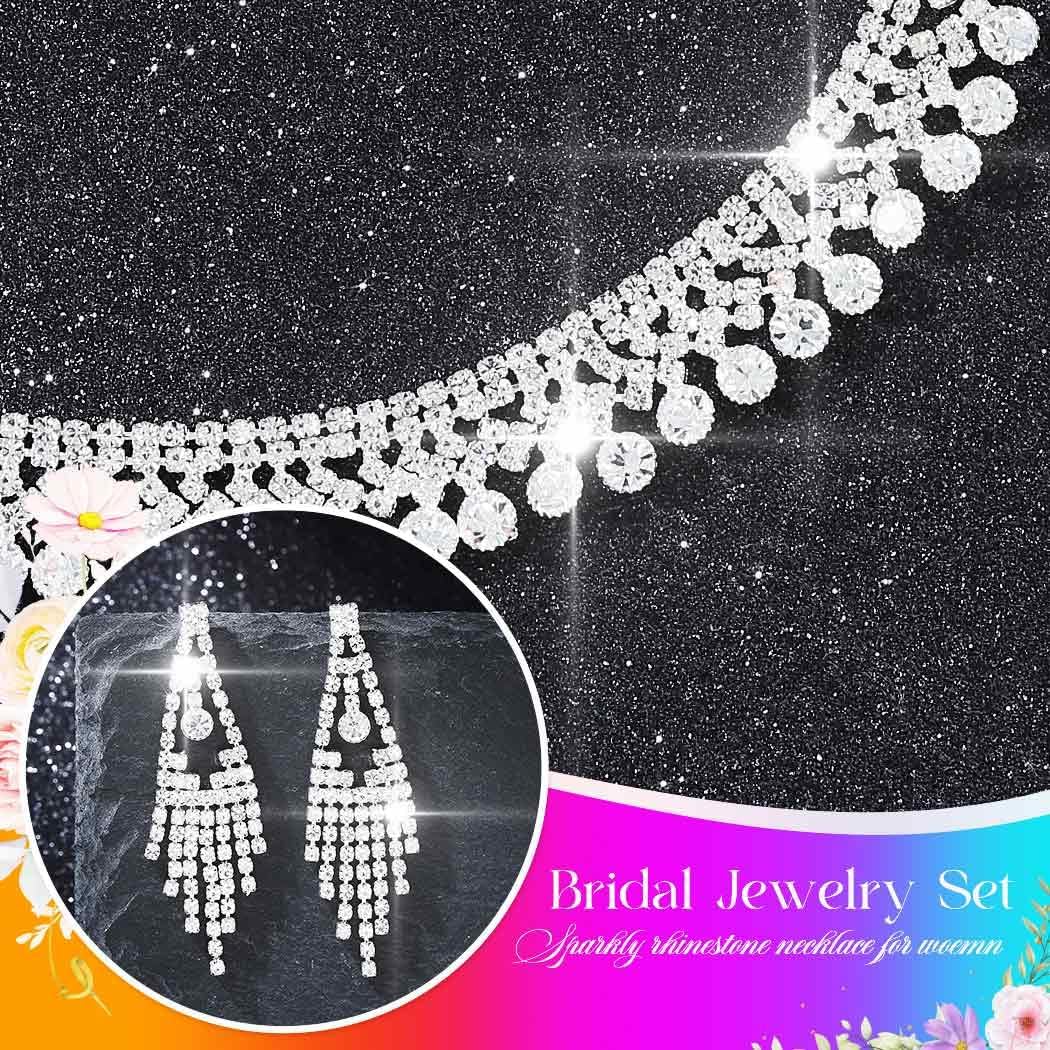 Aukmla Silver Rhinestone Bridal Jewelry Set Sparkly Crystal Bride Wedding Necklace Earrings Sets Prom Jewelry for Women - Image 4