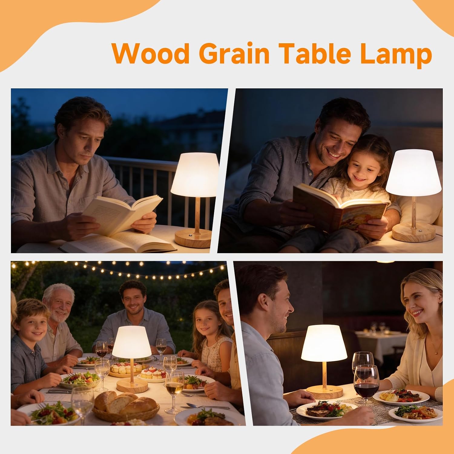 Small Table Lamp with 3 Color White Dimmable, Rechargeable & Touch Control Room Decor Lights - Adjustable Desk Lamp Wood Grain Plastic Base Enhances Aesthetic for Bedroom Nightstand Bedside Lighting