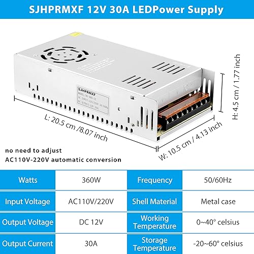 Miniatura 3 de Fuente de alimentación conmutada, SJHPRMXF AC 110V220V a DC 12V 30A 360W Universal Regulated Power Supply Transformer Adapter LED Driver para tira