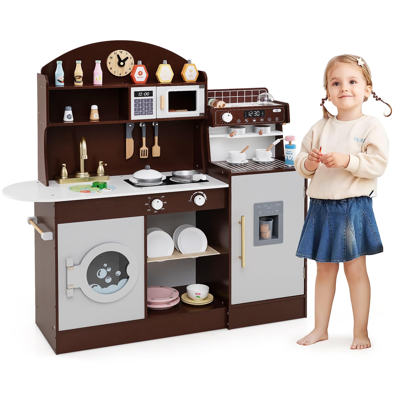 COSTWAY Kids Wooden Kitchen, Pretend Play Kitchen with Sink, Microwave, Washing Machine, Ice & Coffee Makers, Accessories, Children Cooking Role Playset for 3+ Years Old Boys Girls (Brown)