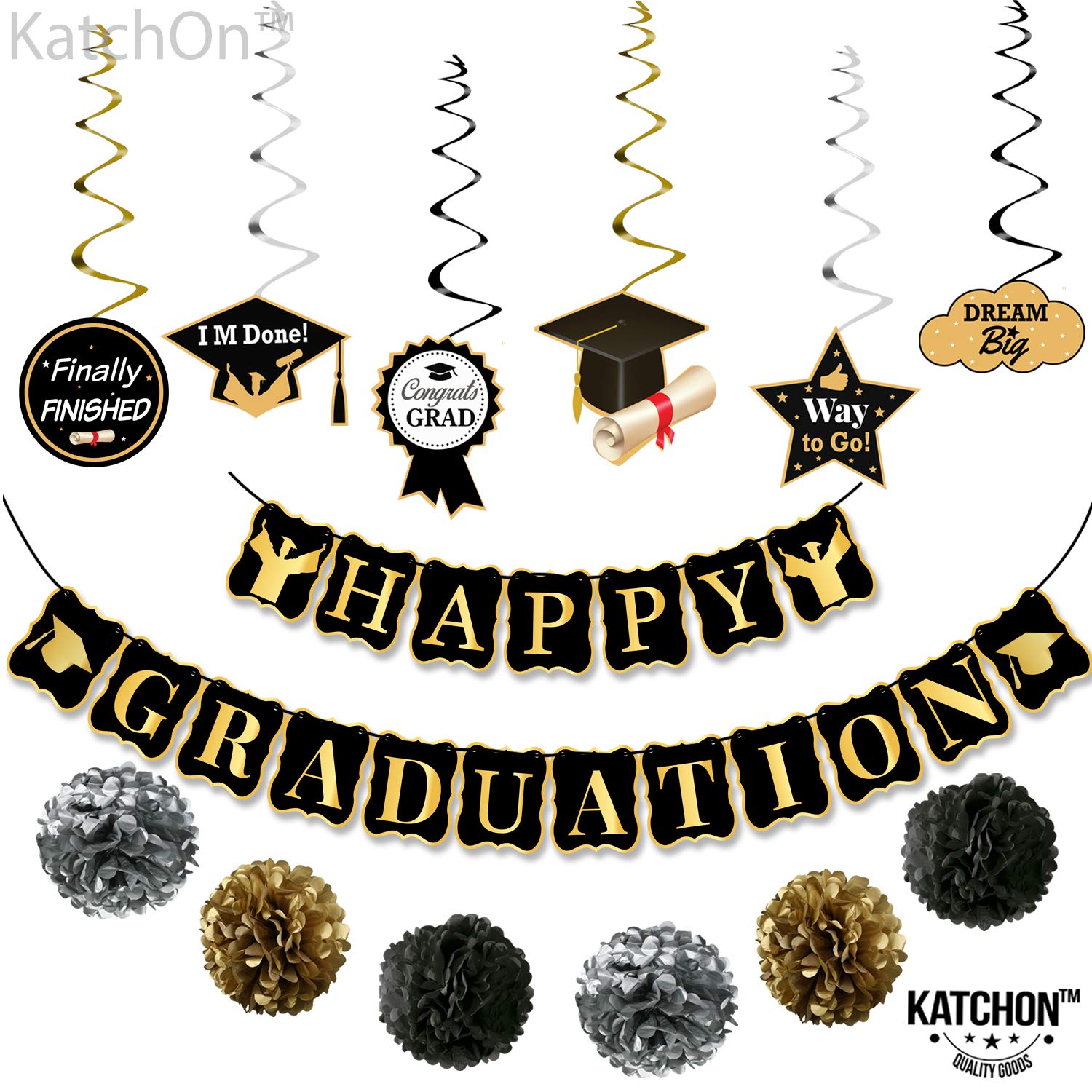 KatchOn, Happy Graduation Banner Set - Pack of 19, No DIY | Graduation Backdrop, Swirls, Pompoms, Graduation Decorations Class of 2024 Black and Gold | Black and Gold Graduation Party Decorations 2024