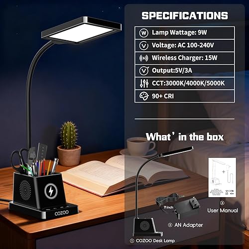 Miniatura 8 de cozoo LED Desk Lamp for Home Office, 15W Bright Desk Light with Wireless Charger Pen Holder, Gooseneck Small Table Lamp for Bedroom, Study, Reading,