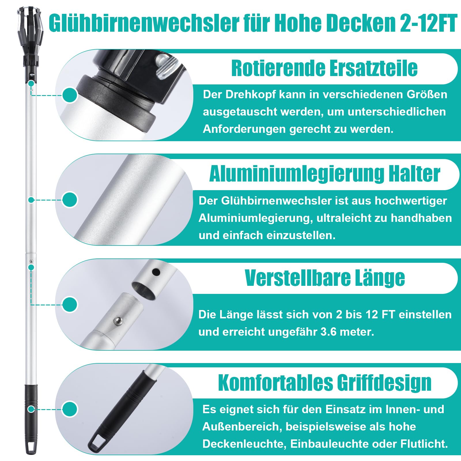 Glühbirnenwechsler für Hohe Decken, LED Classic Lampe Glühbirnen Wechsel, 2-12FT Aluminiumlegierung Verlängerungsstange, 3 Einstellbar Krallen und 1 Einstellbar Saugnapf