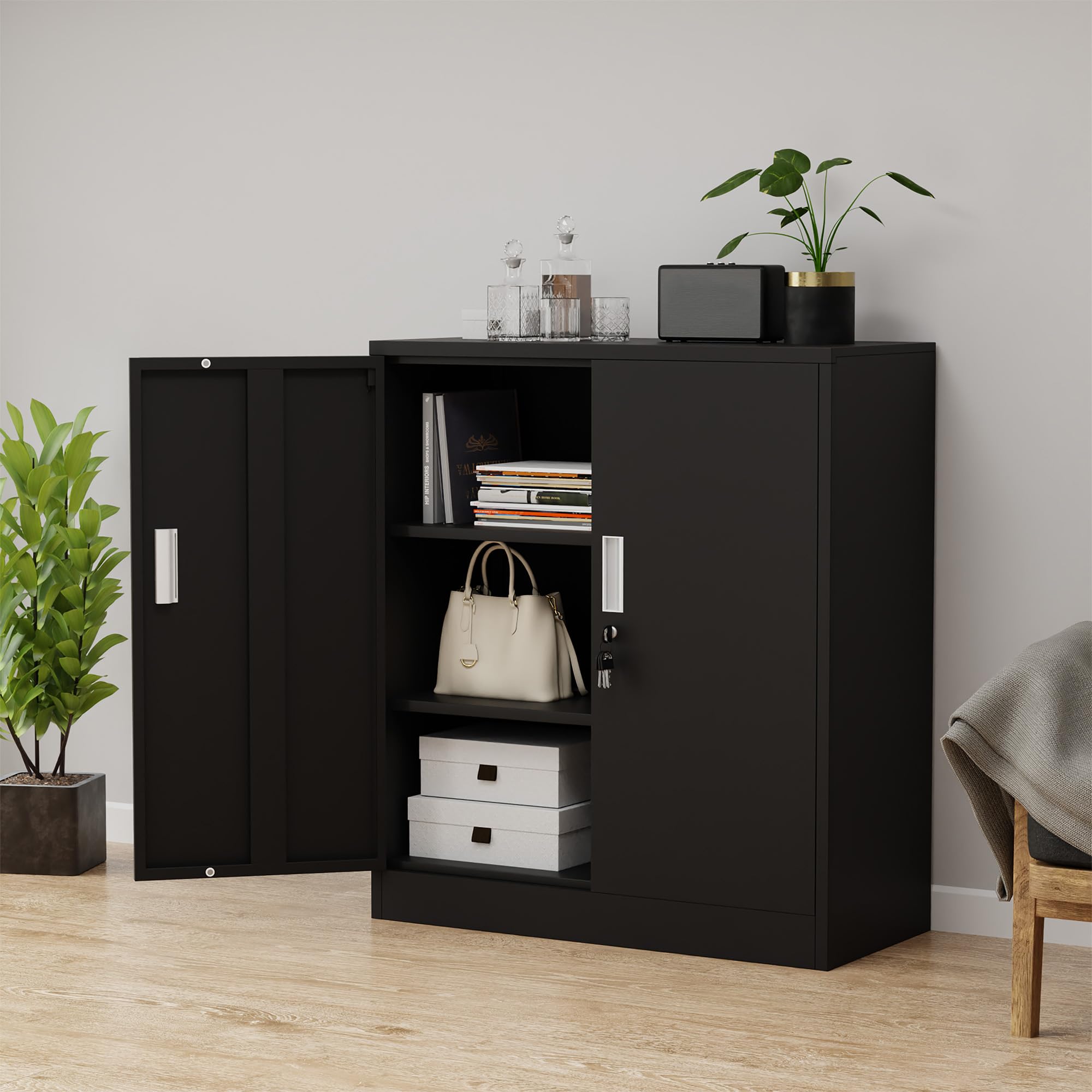 Aktenschrank Büroschrank Lagerschrank Metallschrank Stahlschrank, Aufbewahrungsschrank aus Metall mit verschließbaren Türen und 2 verstellbaren Regalen 92x80x40cm (Schwarz)