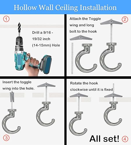 Miniatura 6 de Ganchos de techo grandes resistentes con accesorios para colgar plantas, instalación de techo, fijación de pared con cavidades (4 juegos, plateado)