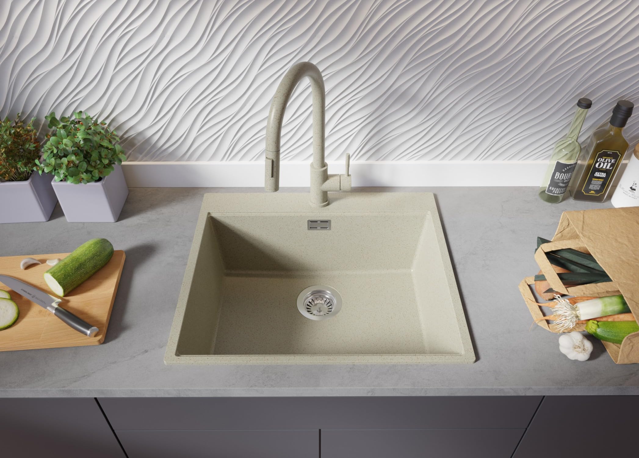 PRIMAGRAN Lavandino da Cucina Beige - Oslo Top, 58x50cm | Lavello in Granito a 1 Vasca + Rubinetto 40x20cm + Zuberhor-Set, Lavabo da Cucina Incasso al Mobile 60cm (S378)