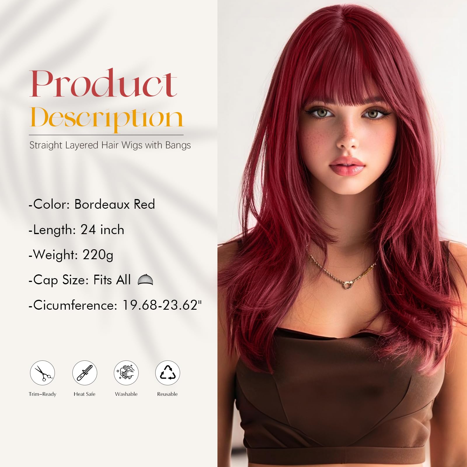 Sofeiyan Parrucche Lunga Layered Con Frange Lisci per Donna,Parrucche Sintetiche Resistenti al Calore Naturale Dritta Parrucche con Frangia per Halloween/Party,60 cm Rosso