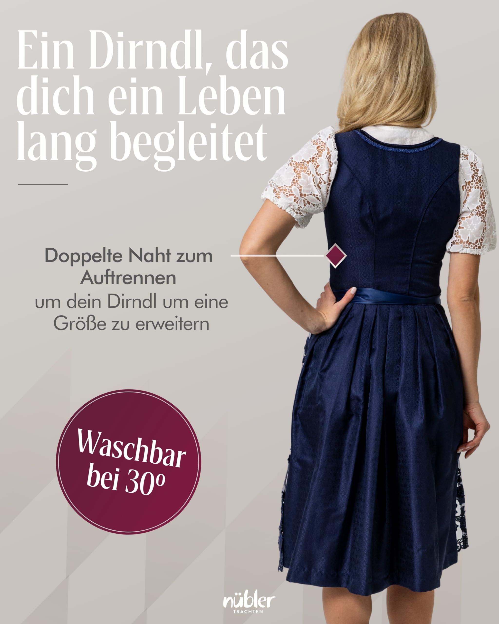Nübler Damen Dirndl Gloria I Größen 30-48 I Midi-Dirndl mit Rocklänge 60 cm & passender Schürze I Festliches Trachtenkleid mit modernem Schnitt & dezenten Details I Ideal für Trachten & Festlichkeiten