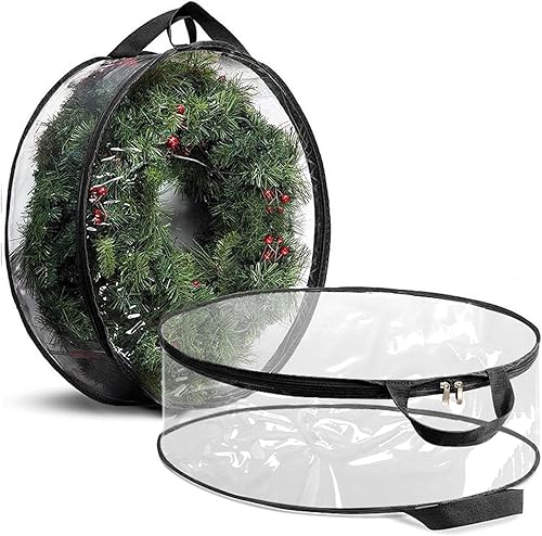SHERY Bolsa de almacenamiento transparente para corona de Navidad, contenedor de almacenamiento de guirnalda de Navidad transparente con cremallera