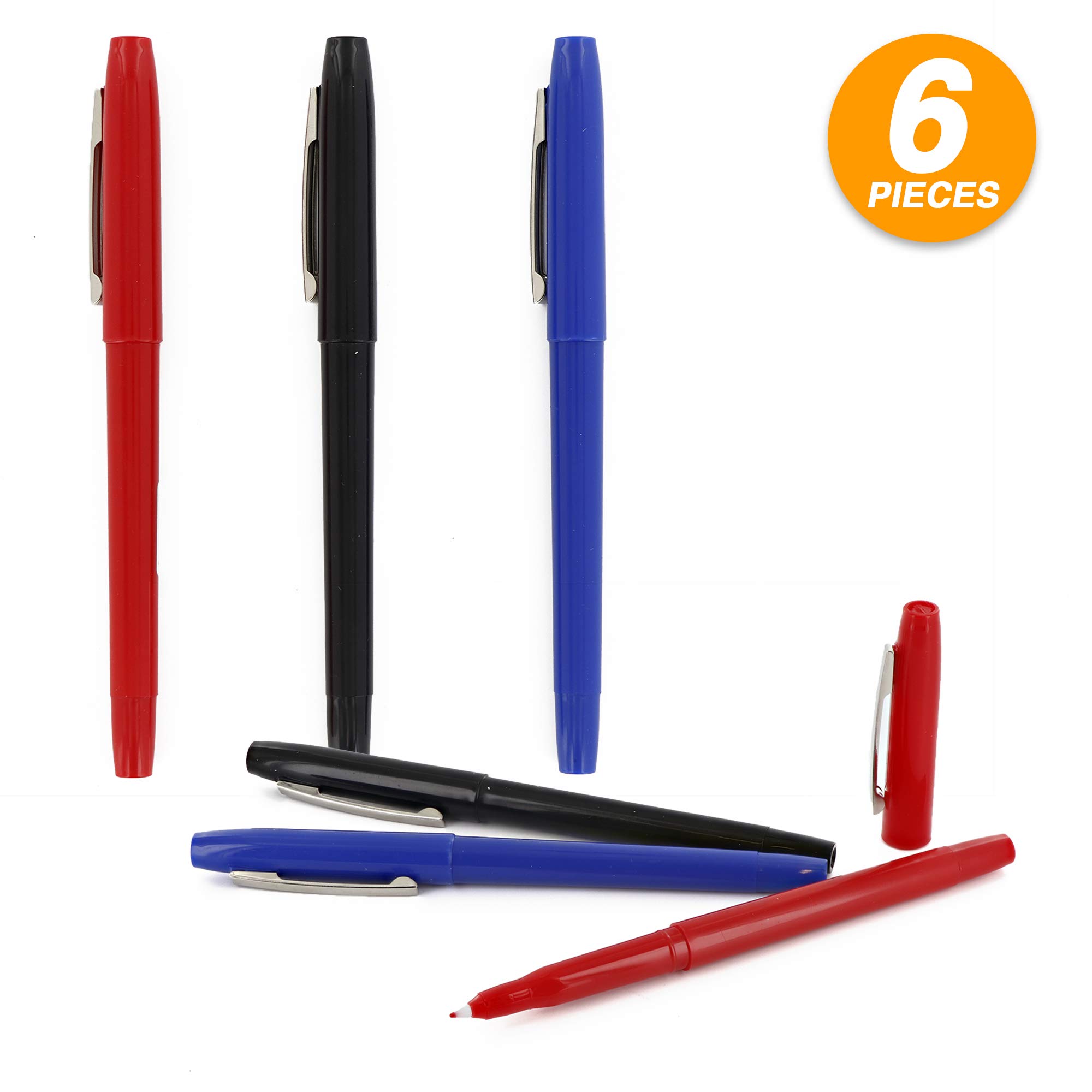 Fiero Assorted Color Fiber Tip Fineliner Pen Water Based Ink with Metal pocket clip for easy carrying Great for Office, School and College - 3 Per Pack (Pack of 2) -By Emraw