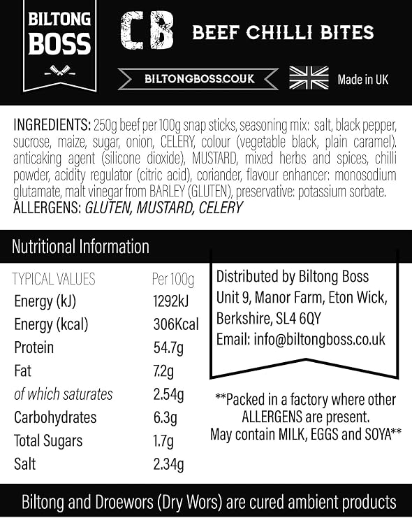 Biltong Boss, Chilli Bites (Snap Sticks), Authentic Traditional Recipe, Ready To Eat Flavoured Meat High Protein Snack, Suitable For Paleo, Keto, Atkins Diets & Post-Workout, Low Sugar & Carbs 100g