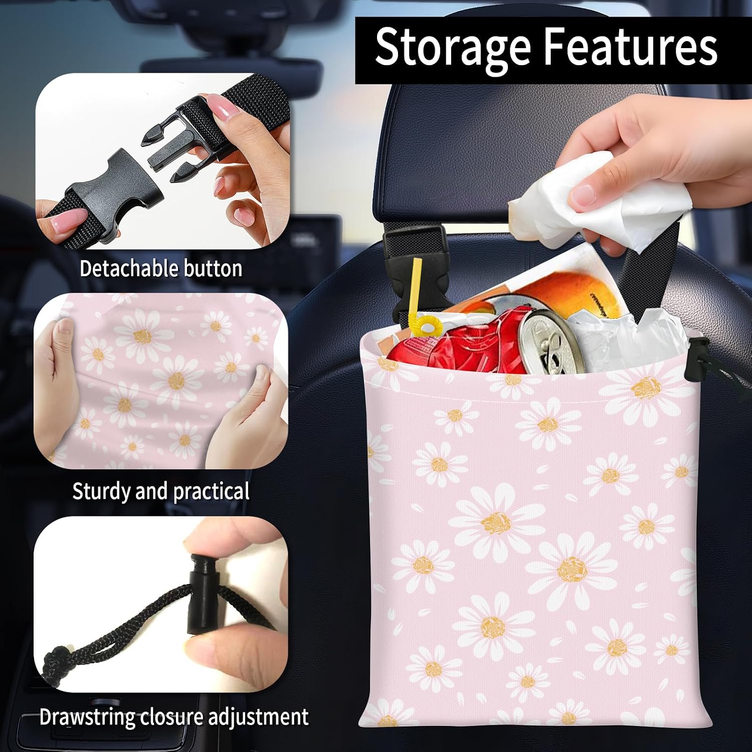 Car Trash Bag Large Hanging Can for Back of Seat, Cute Waterproof Car Garbage Bag for Vehicle, Travelling, Outdoor Cute Pink Daisy image 2