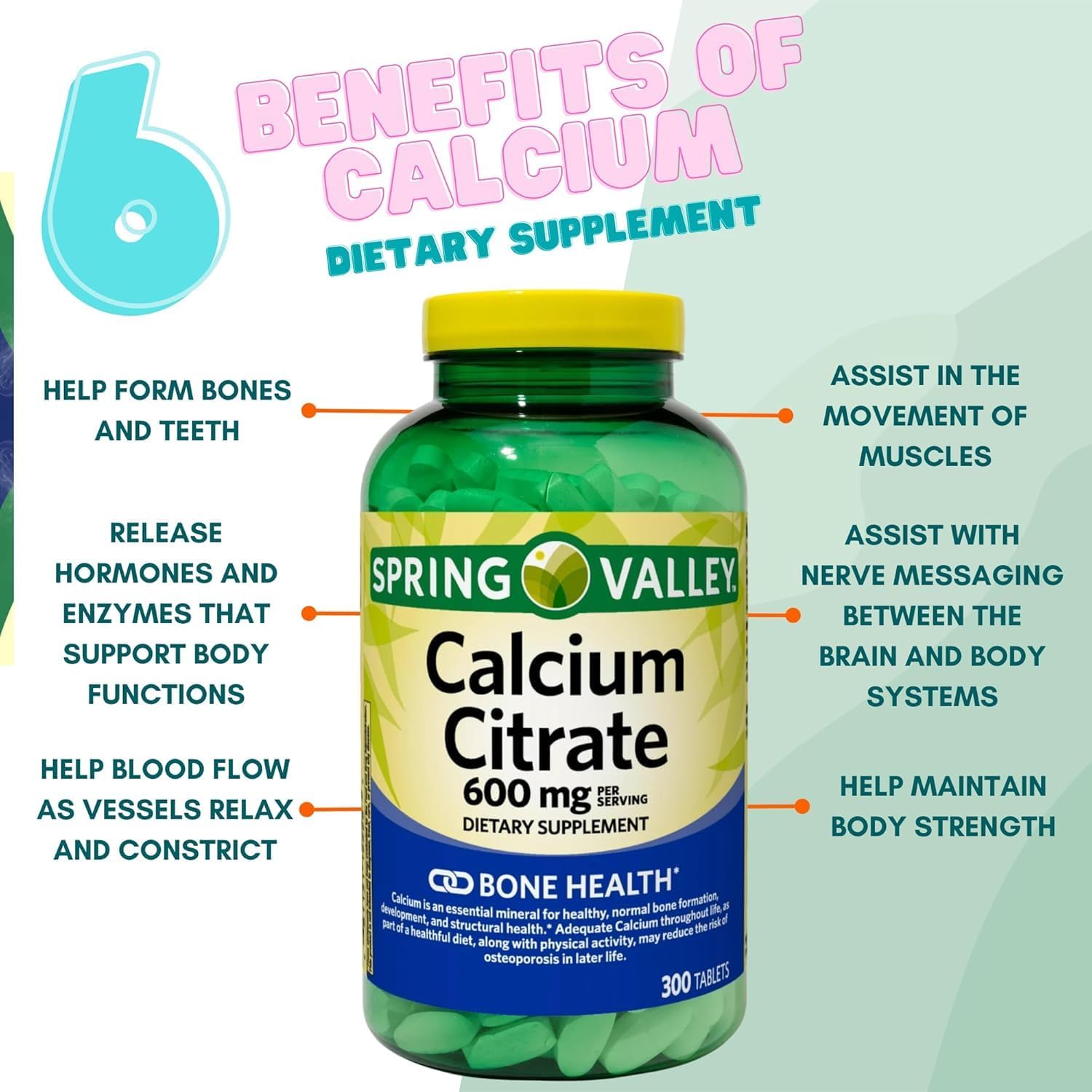 Calcium Citrate 600mg, 300 Tablets per Bottle, Bone & Joint Health (Pack of 1)