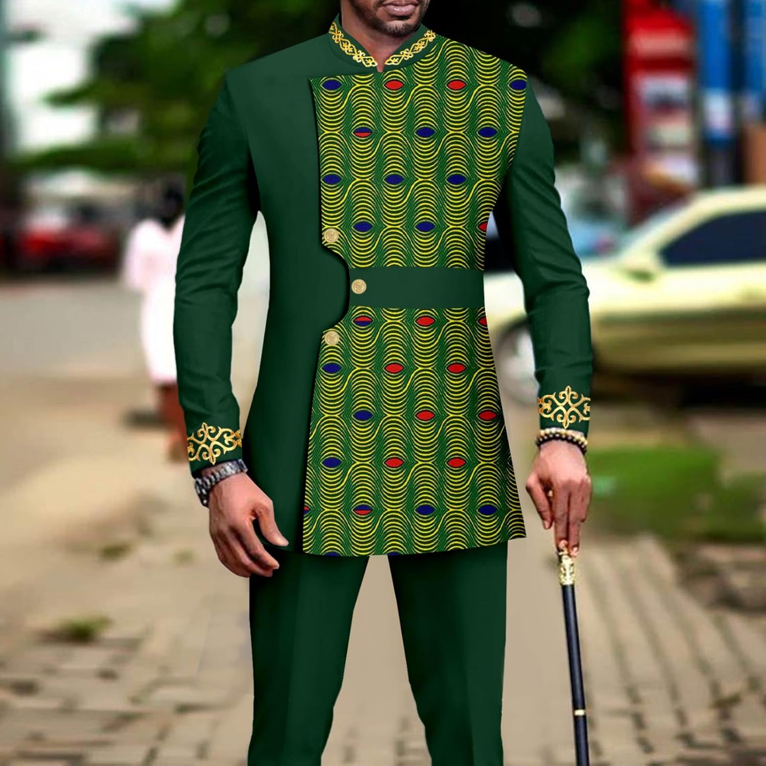 African Suits for Men Slim Fit Embroidery Full Sleeve Single Breasted Print Blazer and Trousers Set