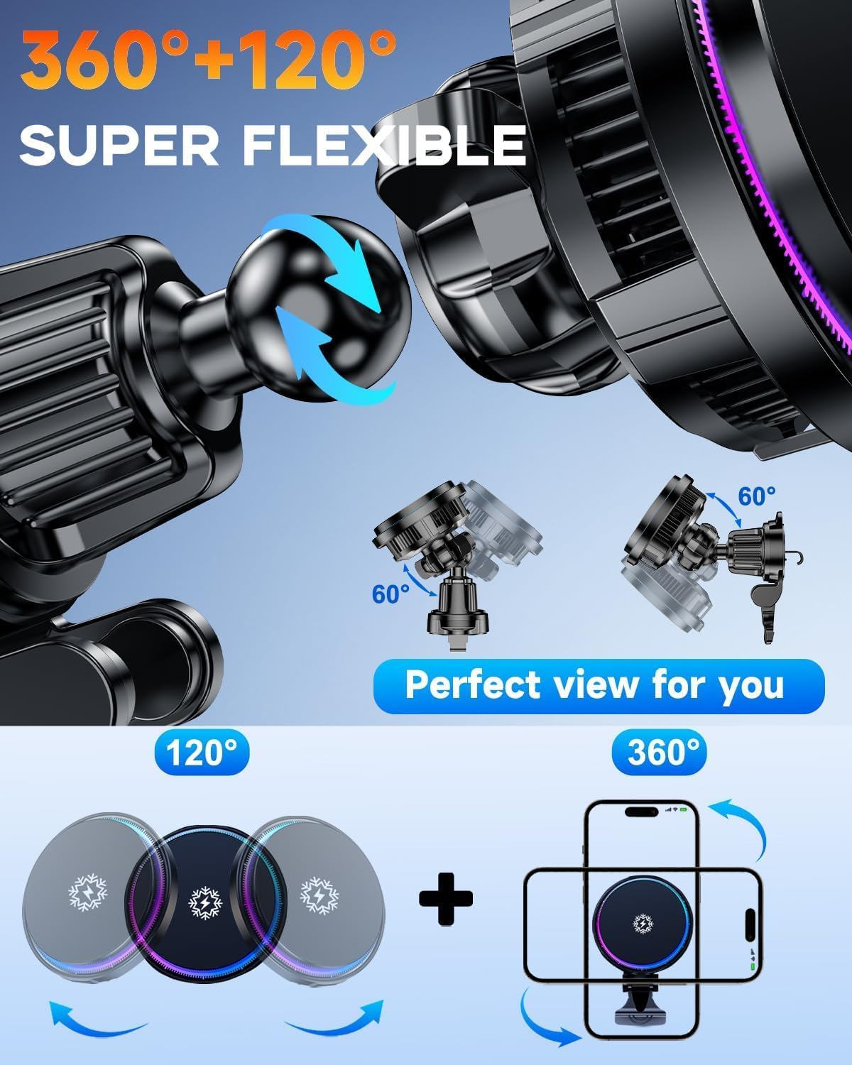 2026 Upgraded TEC and Fan Dual Cooling Magnetic Wireless Car Charger, For 15W Magsafe Car Charger Mount, RGB, Air Vent/Dashboard Fast Wireless Charging Car Phone Holder for iPhone 17/16/15/14/13/12