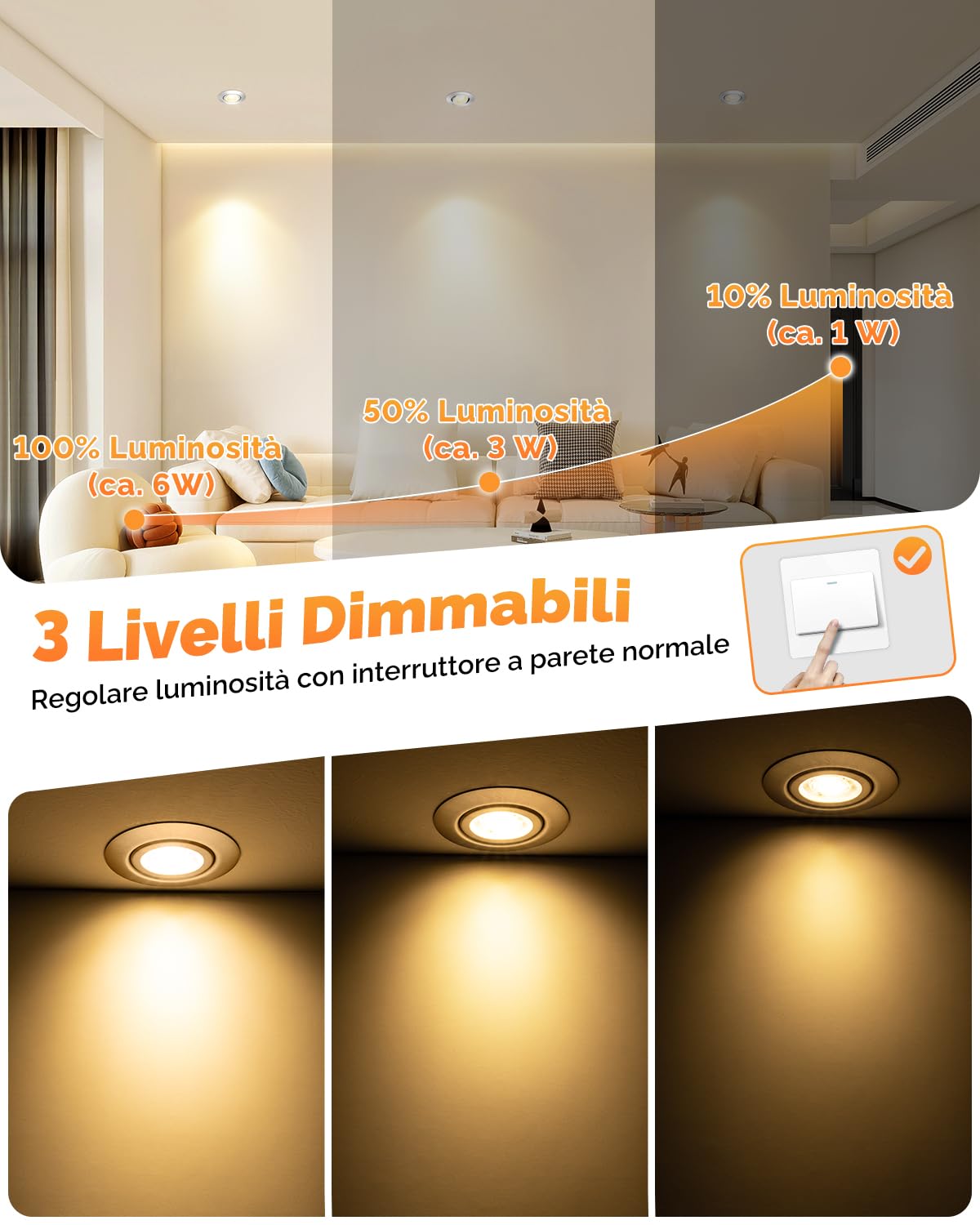 wowatt Faretti LED da Incasso per Cartongesso Dimmerabili 6W 640LM 3CCT | Regolabile Calda 3000K Naturale 4000K Fredda 6000K, Faretti da Soffitto Orientabili, IP44 Faretto incasso foro 68mm, Set da 6