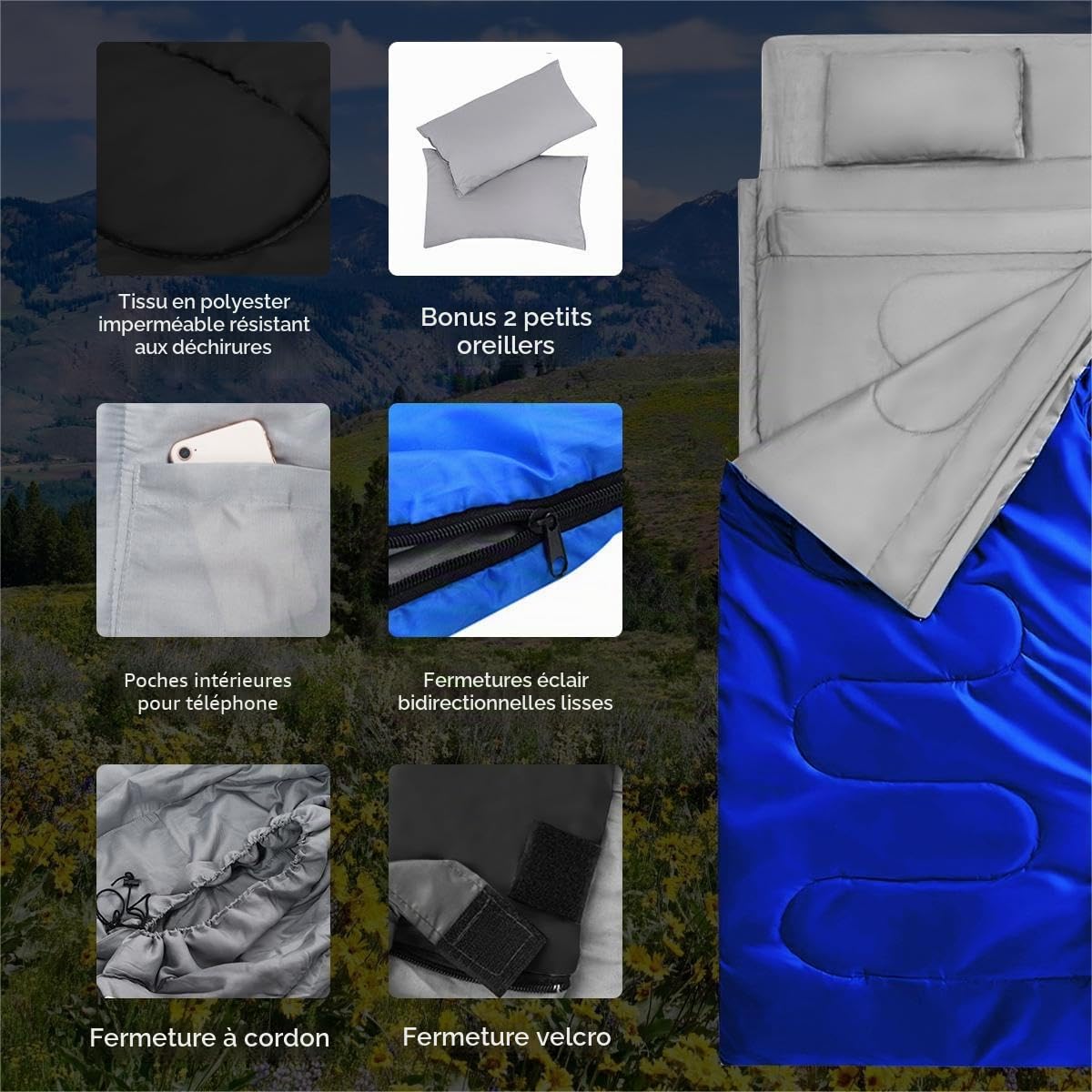 SOARS Sac de couchage double pour 2 personnes, avec 2 oreillers et sac de transport, imperméable, pour adulte, pour camping, randonnée, voyage