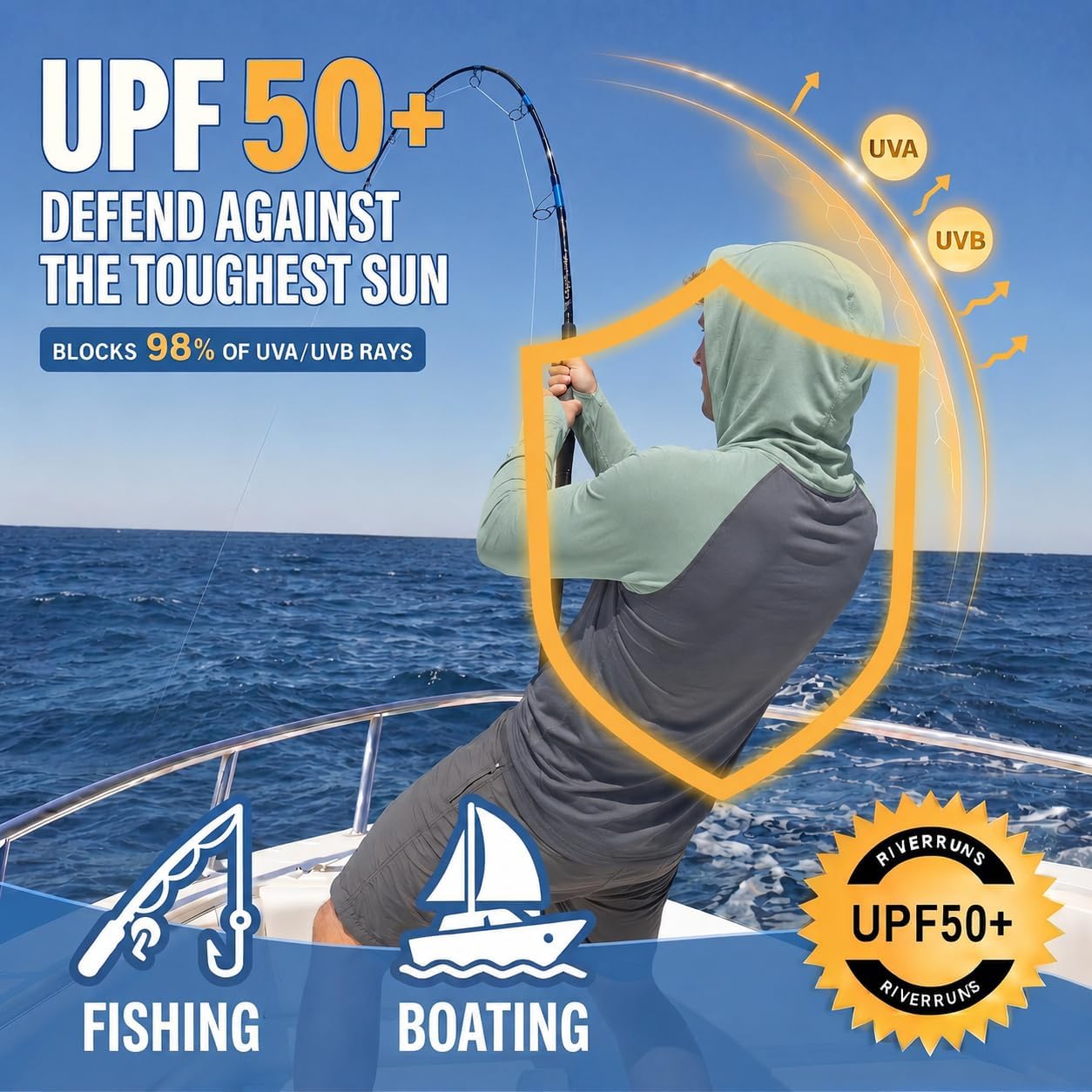 Riverruns Men's Ice-Cool Silky Sun Protection Hoodie UPF 50+ Fishing Shirts, Long Sleeve Quick Dry UV Rash Guard