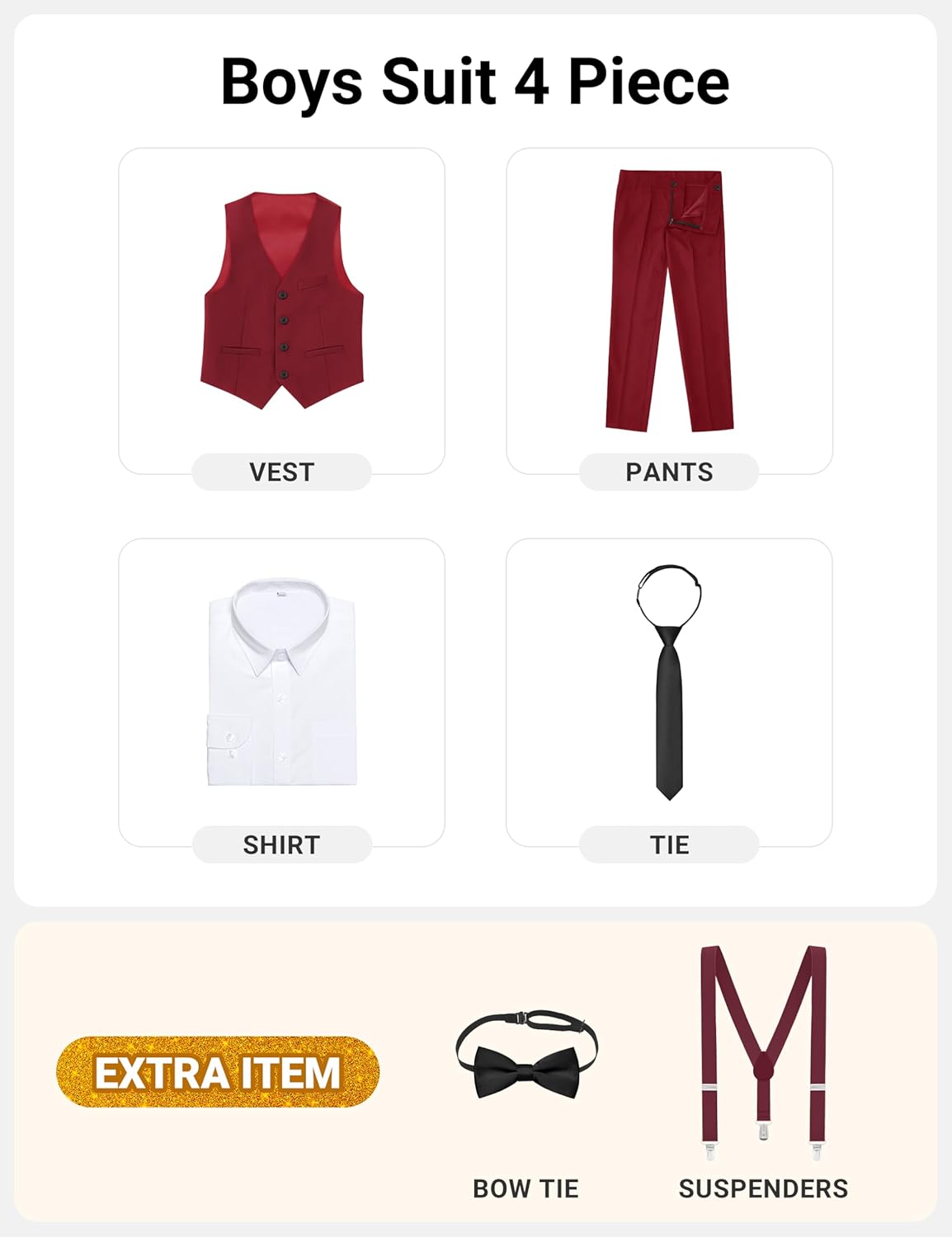 Boys' Formal Dresswear Suits Set, with Suspenders, Adjustable Waist - Image 2